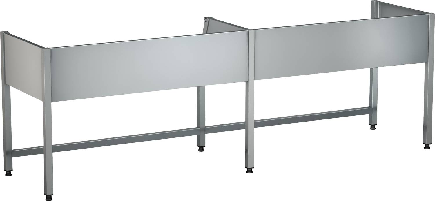 Eine metallische industrielle Barriere steht aufrecht mit einer rechteckigen Tafel, die von zwei vertikalen Pfosten auf einem schwarzen Hintergrund gestützt wird.