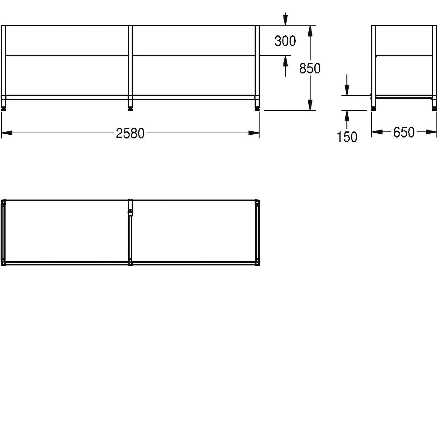 Technische Maßzeichnung eines rechteckigen Rahmens/Tisches: 2580 mm breit, 850 mm hoch, 650 mm tief, mit 300 mm oberem Bereich und 150 mm Bodenfreiheit.