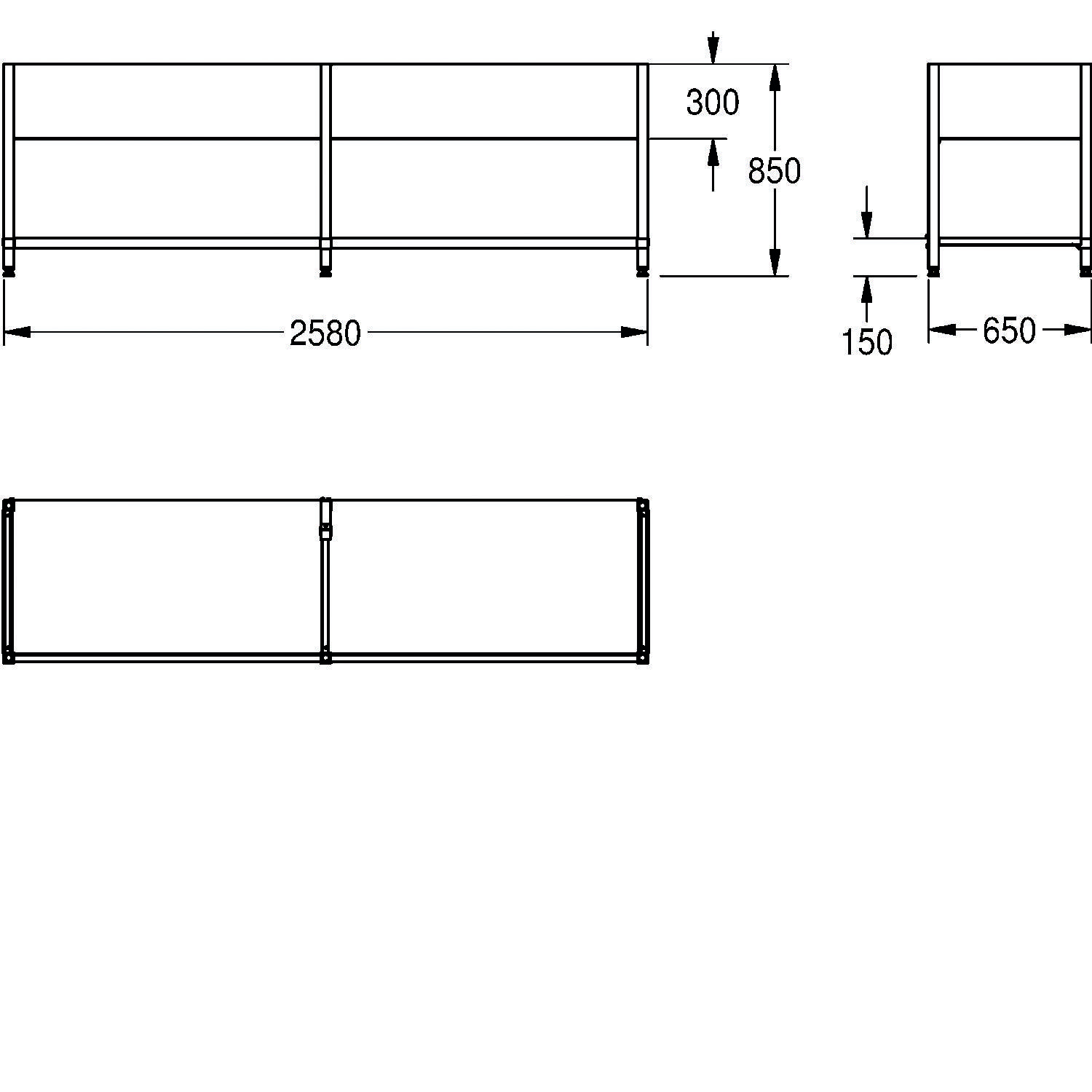 Technische Zeichnung mit Vorder- und Seitenansicht einer Struktur mit Maßangaben: 2580 mm Breite, 850 mm Höhe, 650 mm Tiefe und 300 mm Freiraum oben.