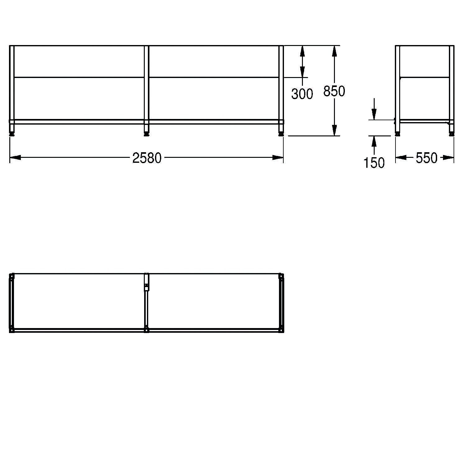 Technische Zeichnung eines Regalsystems mit Abmessungen: Länge 2580 mm, Höhe 850 mm, Tiefe 550 mm. Abstände zwischen oberer und unterer Ablage sind 300 mm und 150 mm.