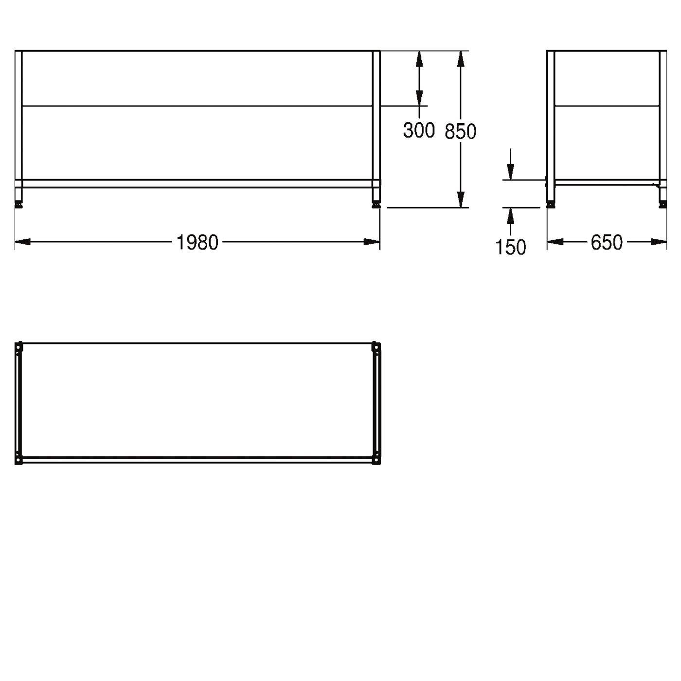 Technische Linienzeichnung eines rechteckigen Schranks oder Tisches, dargestellt in Front-, Seiten- und Draufsicht mit Abmessungen von 1980 mm Breite, 650 mm Tiefe und 850 mm Höhe; 300 mm oberer Bereich und 150 mm Bodenfreiheit.