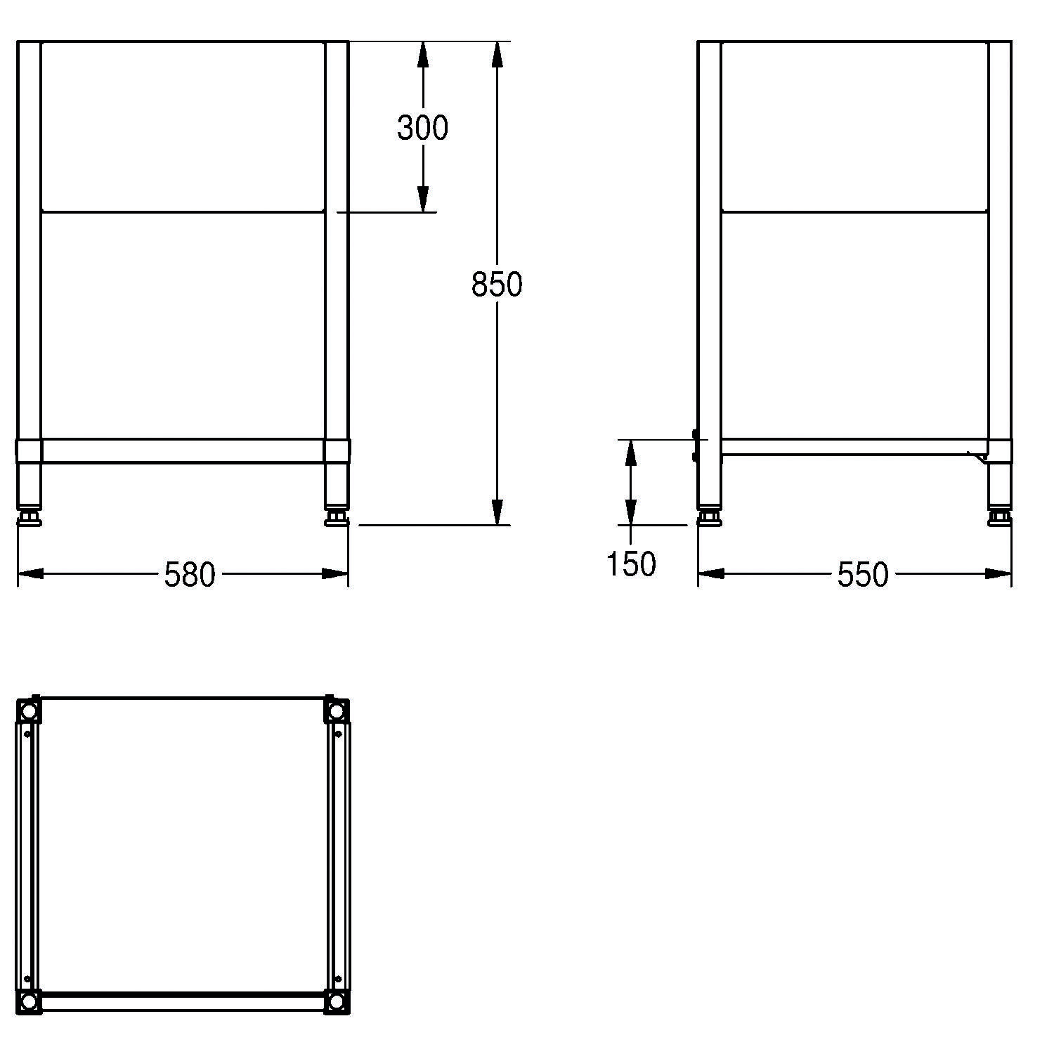 Technische Zeichnung eines rechteckigen Schranks. Vorder- und Seitenansicht mit Maßen: 850 mm Höhe, 580 mm Breite, 550 mm Tiefe.