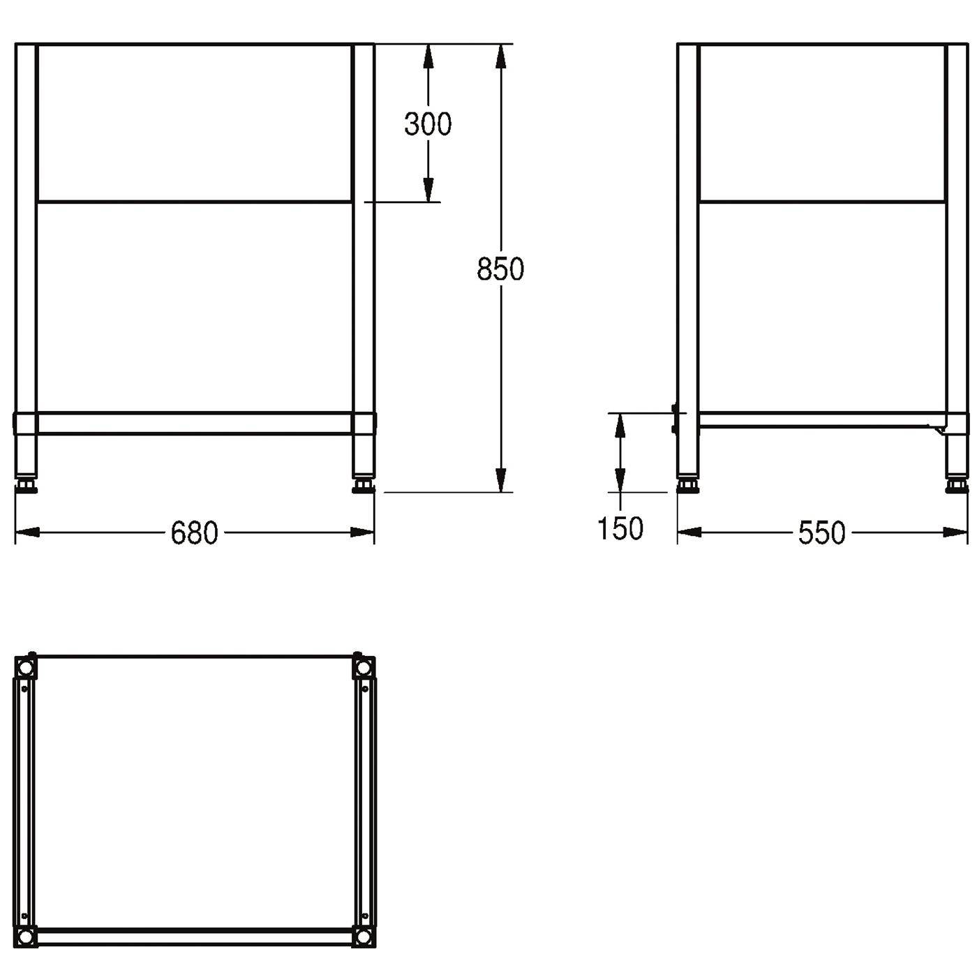 Technische Linienzeichnung eines Schranks oder Ständers mit den Abmessungen: 680 mm Breite, 850 mm Höhe, 550 mm Tiefe und 300 mm oberer Bereich mit 150 mm Sockelhöhe.