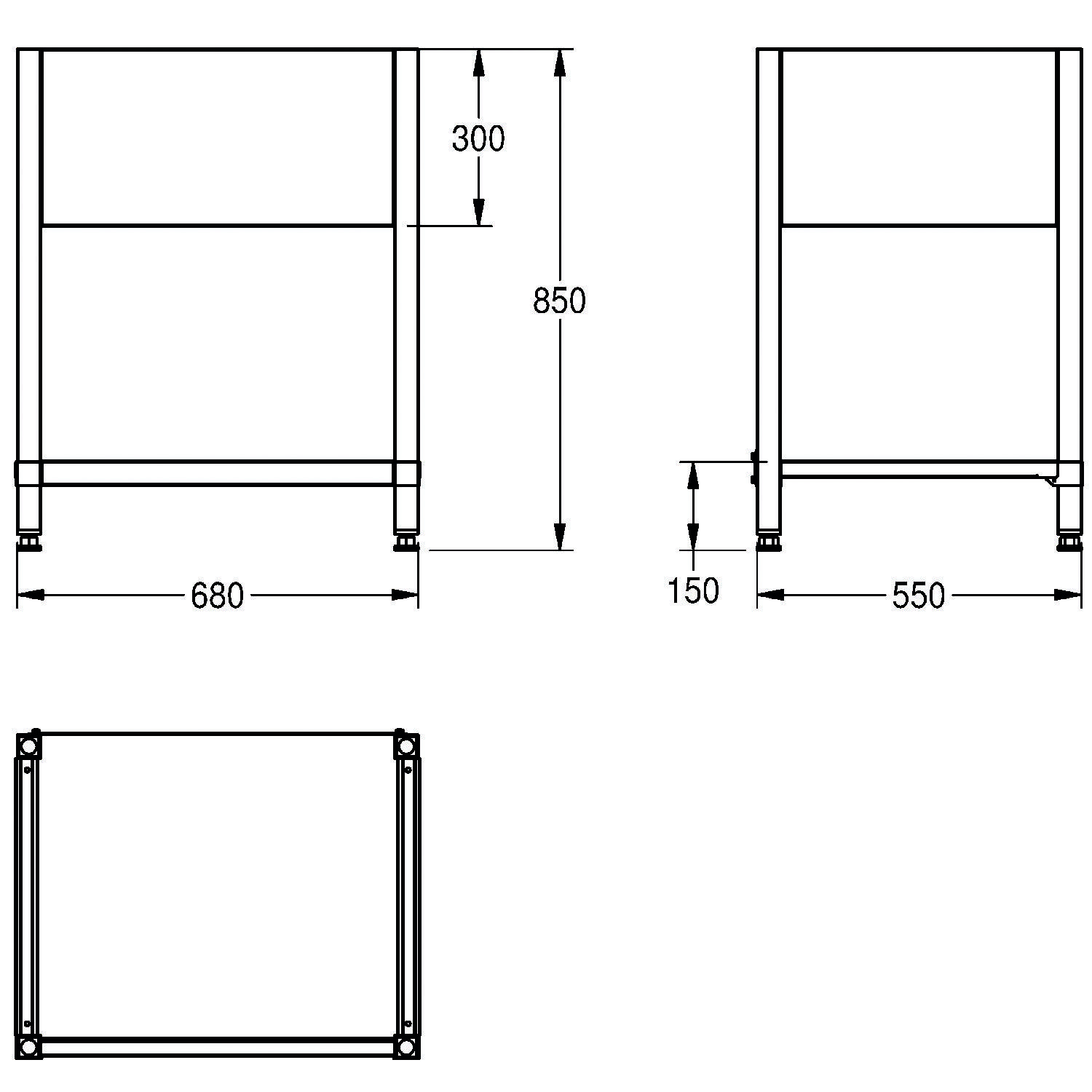Technische Zeichnung eines Schranks mit Maßen: Höhe 850 mm, Breite 680 mm, Tiefe 550 mm. Regalhöhe bei 300 mm, Abstand 150 mm.