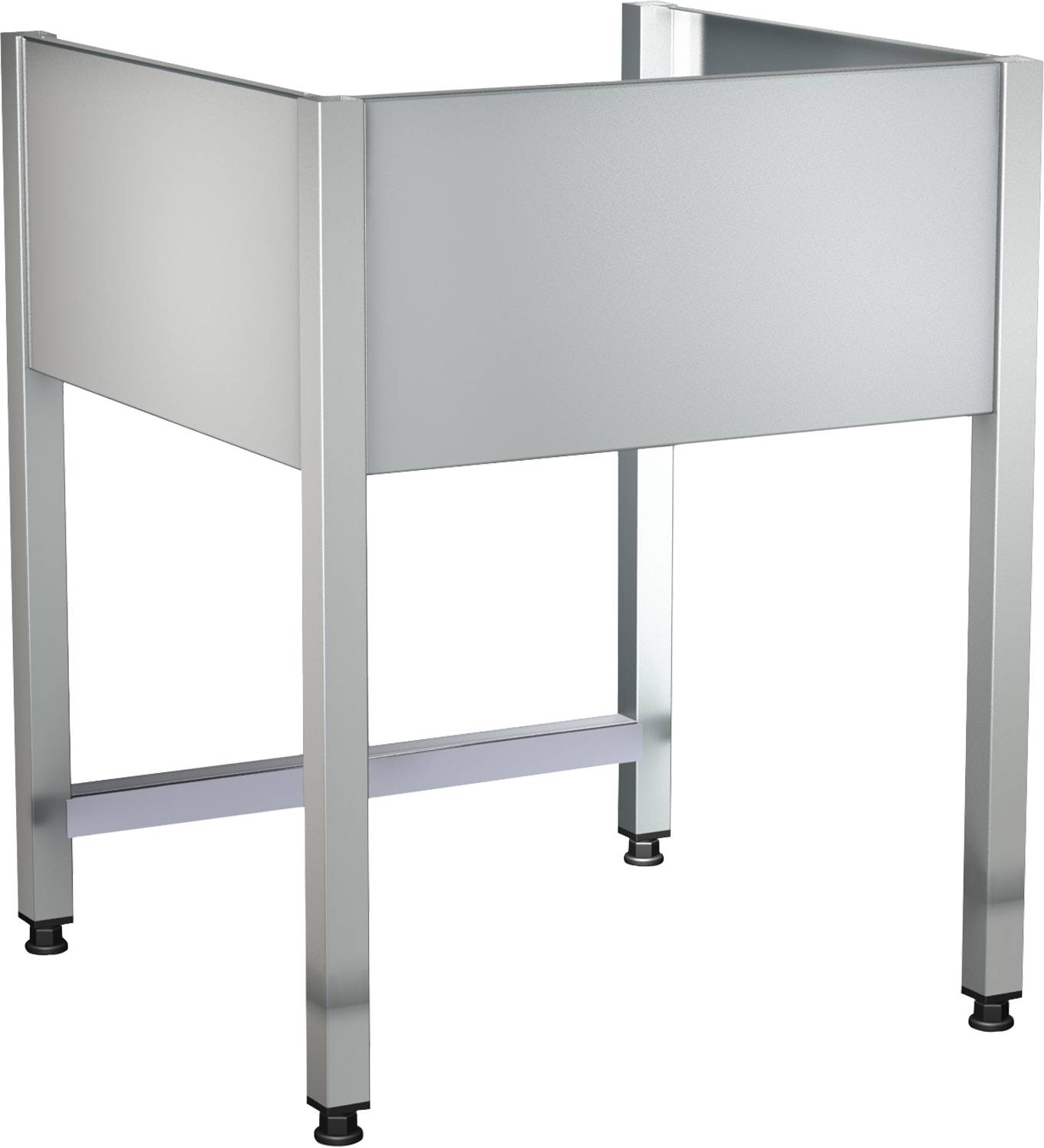 Ein Metalltisch mit einem großen rechteckigen Becken oben, höchstwahrscheinlich Teil eines Arbeitsplatzes oder einer industriellen Anlage, vor einem schwarzen Hintergrund.