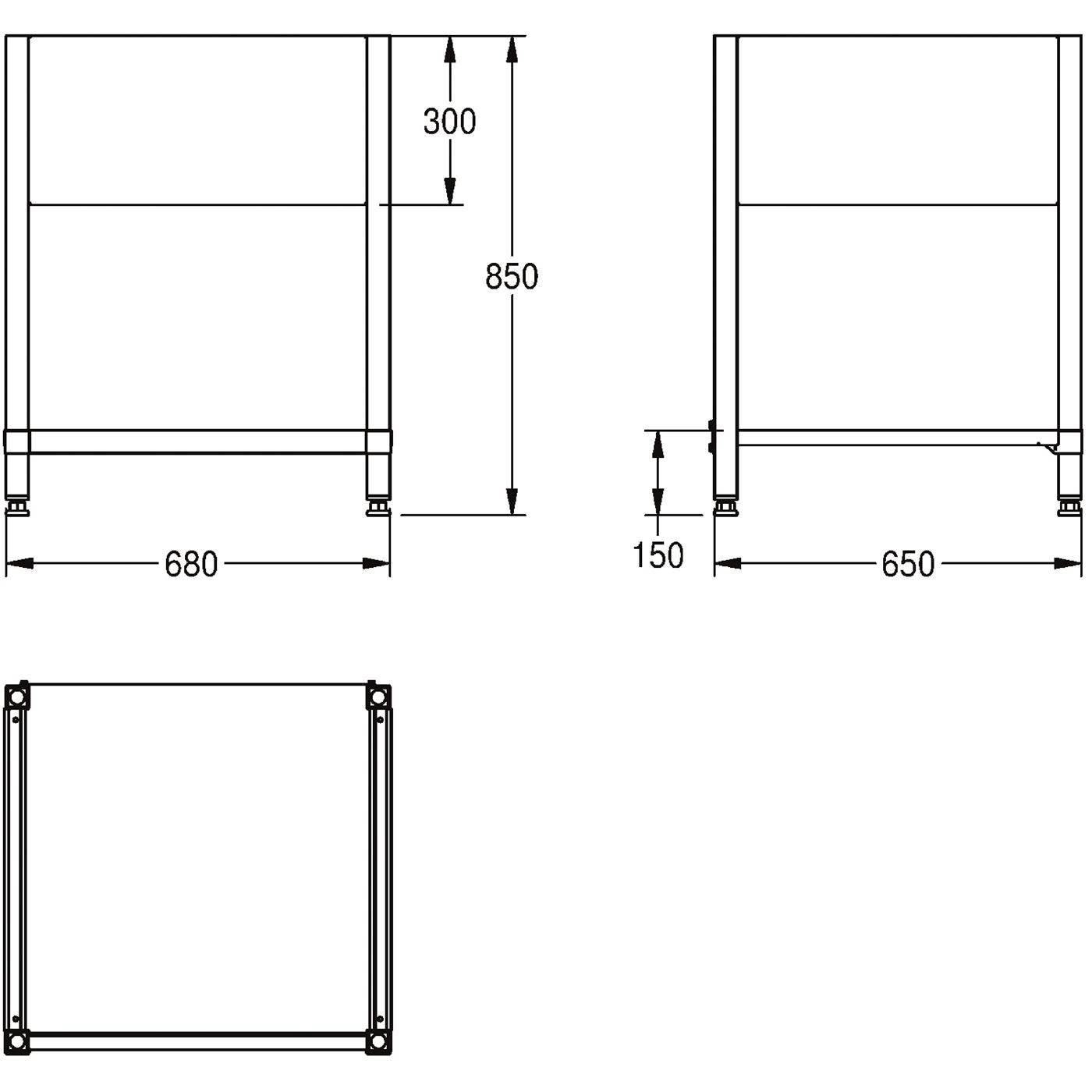 Technische Zeichnung eines rechteckigen Rahmens/Schranks dargestellt in Front- und Seitenansicht, mit Abmessungen 680 mm Breite, 850 mm Höhe, 650 mm Tiefe und 150 mm Bodenfreiheit.
