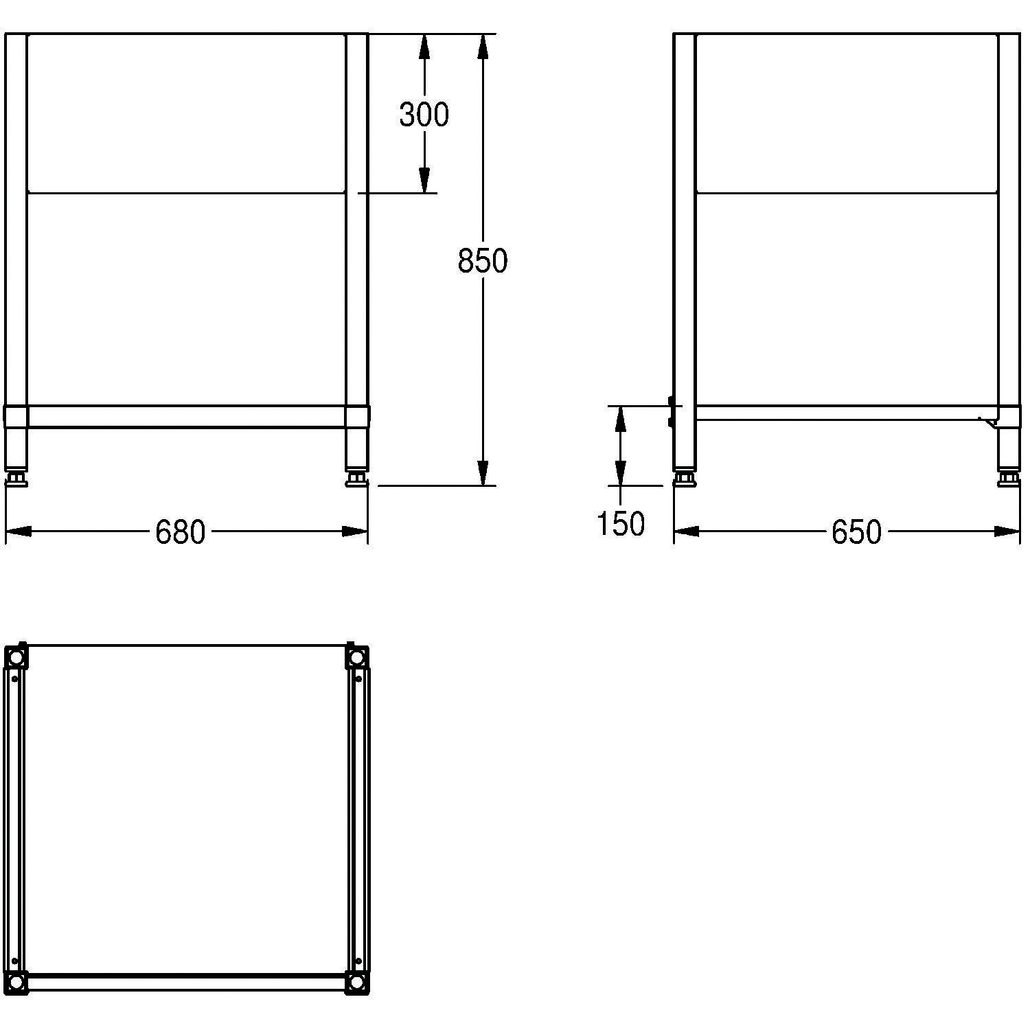 Technische Zeichnung eines Schranks mit Maßen: Frontansicht Breite 680 mm, Höhe 850 mm; Seitenansicht Breite 650 mm, Höhe 150 mm.