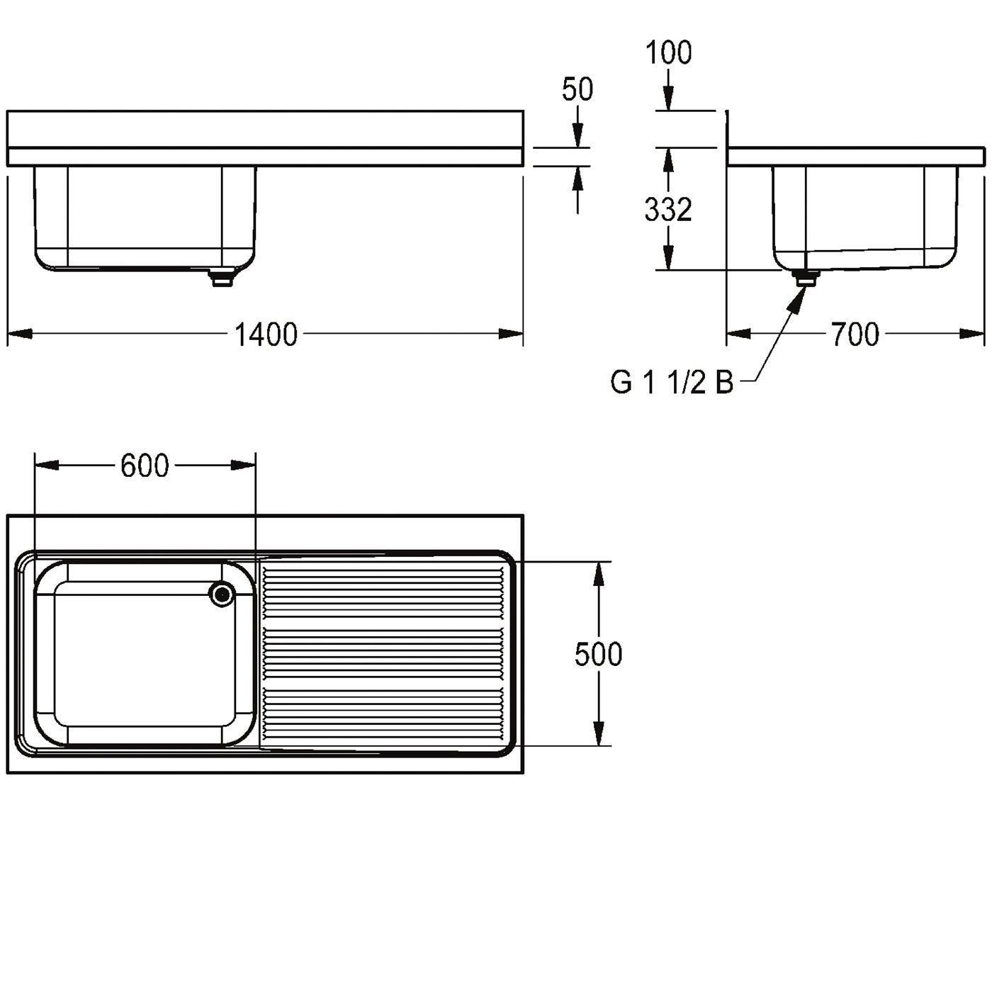 Technische Zeichnung eines Spülbeckens und einer Abtropffläche mit Draufsicht und Seitenansicht mit den Abmessungen 1400 x 700 mm, 500 mm Breite, 600 mm Becken und G 1 1/2 B Ablaufverbindung.