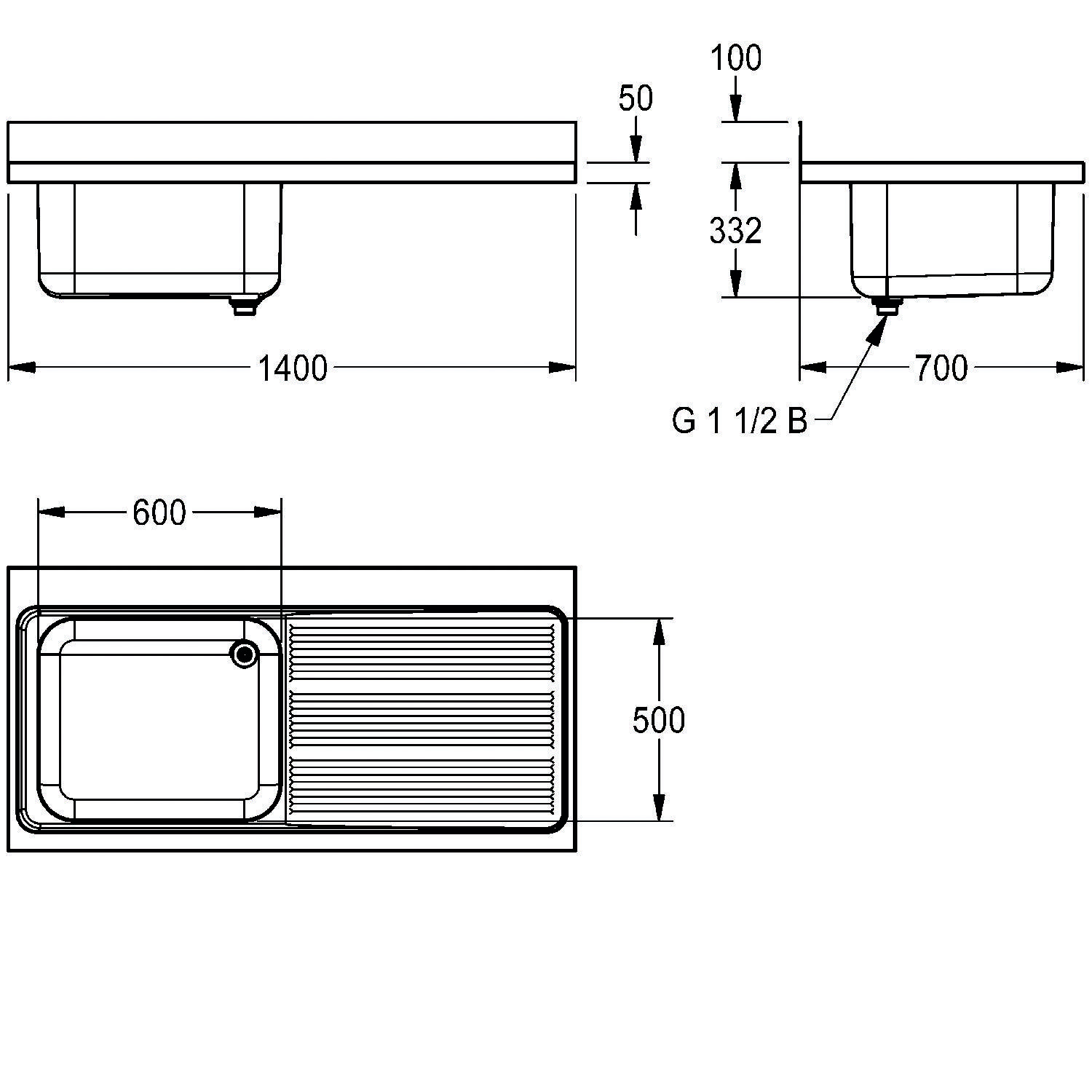 Technische Zeichnung eines Küchenspülbeckens mit Maßangaben. Das Spülbecken ist 1400 mm breit, 500 mm tief und 332 mm hoch, mit einem Ablaufloch.