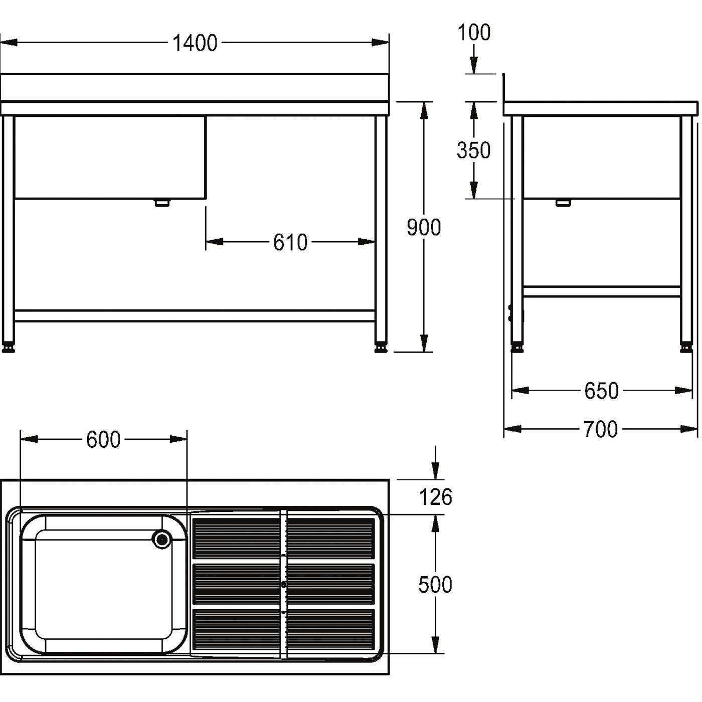 Technische Zeichnung eines Edelstahl-Spültisches mit Unterablage, dargestellt in Front-, Seiten- und Draufsicht mit Abmessungen: 1400 mm Breite, 900 mm Höhe, 700 mm Tiefe.