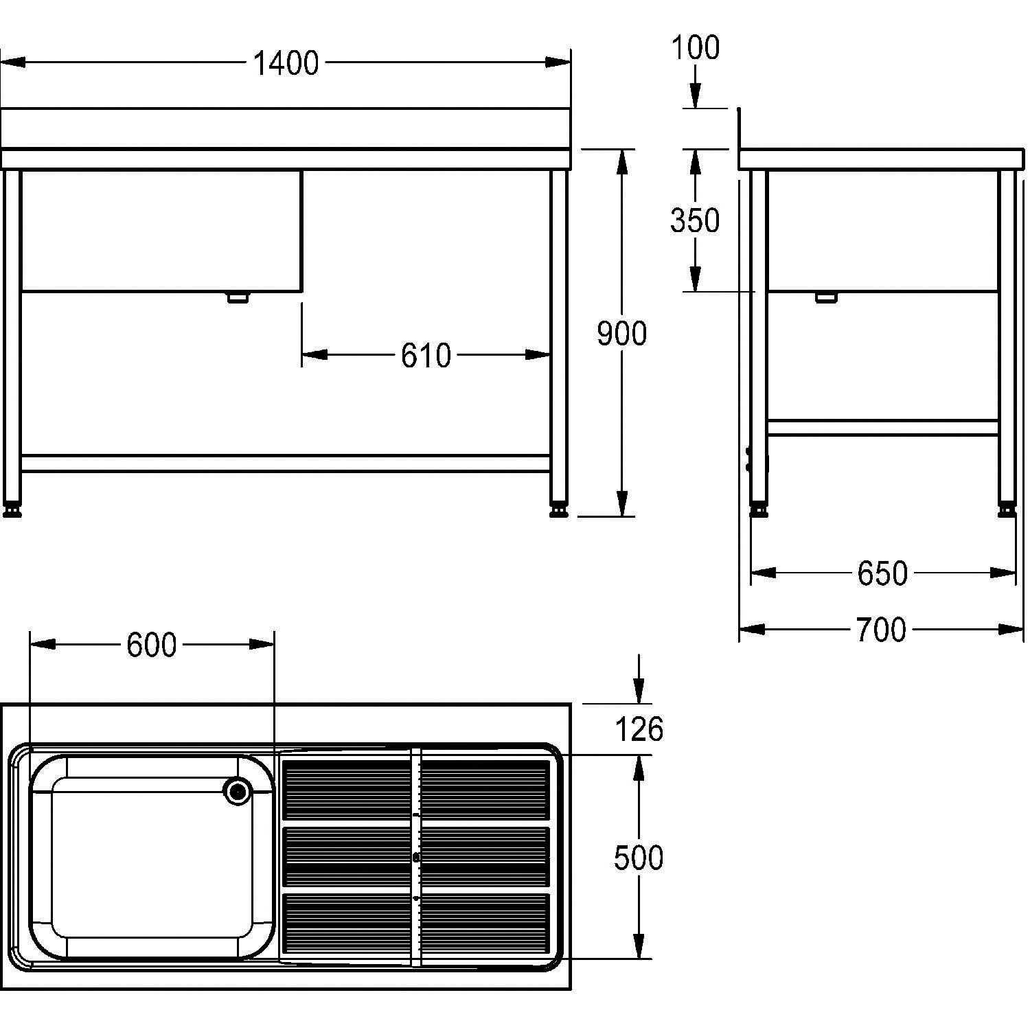 Bauplan einer Spüle mit Maßen: 1400x900x700 mm, Spülbereich 600x500 mm, inklusive Armaturenposition und Abtropffläche.