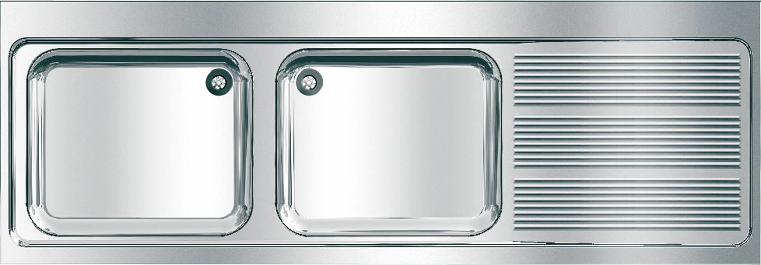 Ein Küchenbecken aus Edelstahl mit quadratischer Form und einem sichtbaren Abfluss in der oberen linken Ecke. Die Oberfläche ist reflektierend und sauber.
