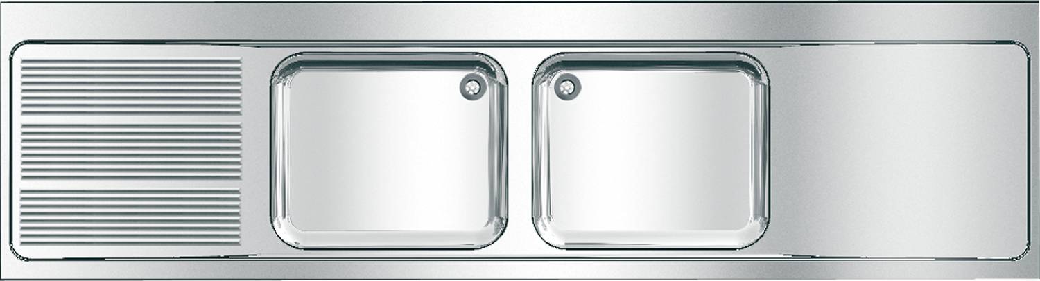 Doppelte Edelstahl-Küchenspüle mit runden Abflüssen, getrennt durch einen erhöhten Trenner. Die Spüle ist sauber und glänzend.