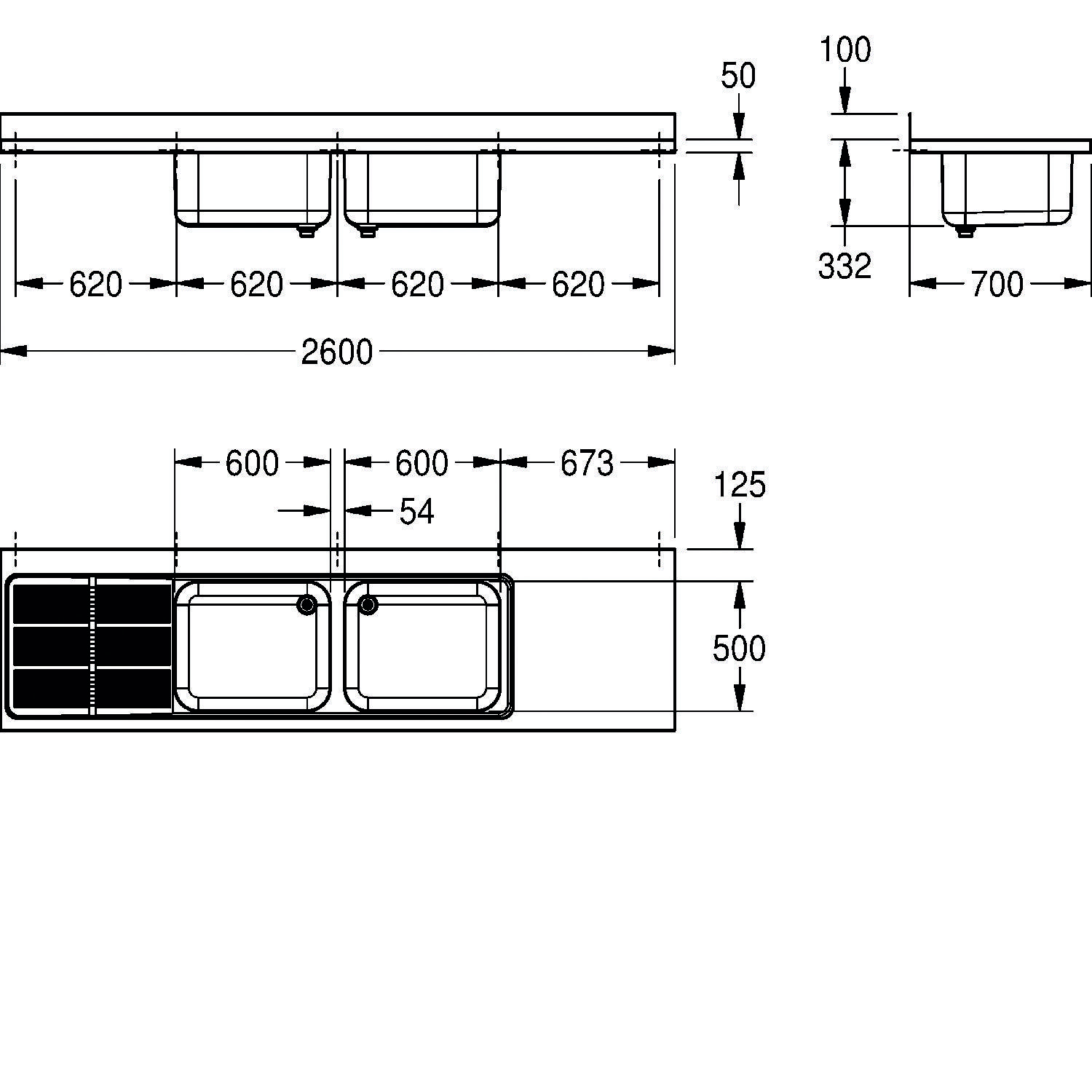 Technische Zeichnung einer Küchenspüleninstallation mit Abmessungen: zwei Becken, je 620 mm, getrennt durch 54 mm; Gesamtbreite 2600 mm; Arbeitsplattentiefe 700 mm.