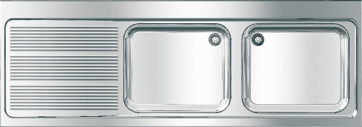 Eine Draufsicht auf ein Spülbecken aus Edelstahl mit einer einzelnen Schale und einem Ablauf in der oberen rechten Ecke. Die umgebende Fläche ist aus schlichtem Metall.