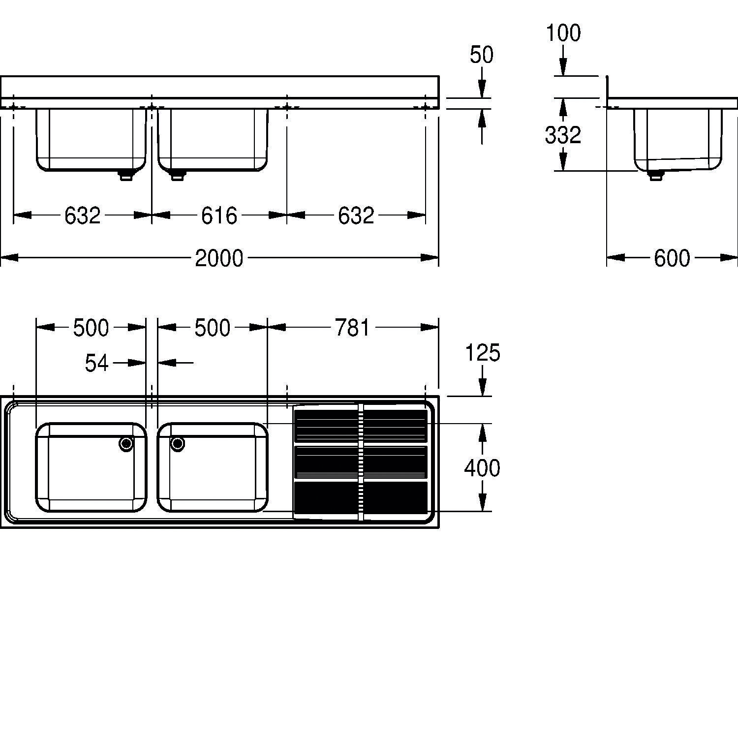 Technische Zeichnung eines Doppelwaschbeckens mit Abtropffläche. Die Maße zeigen eine Gesamtlänge von 2166 mm, wobei jedes Becken 332 mm tief ist.