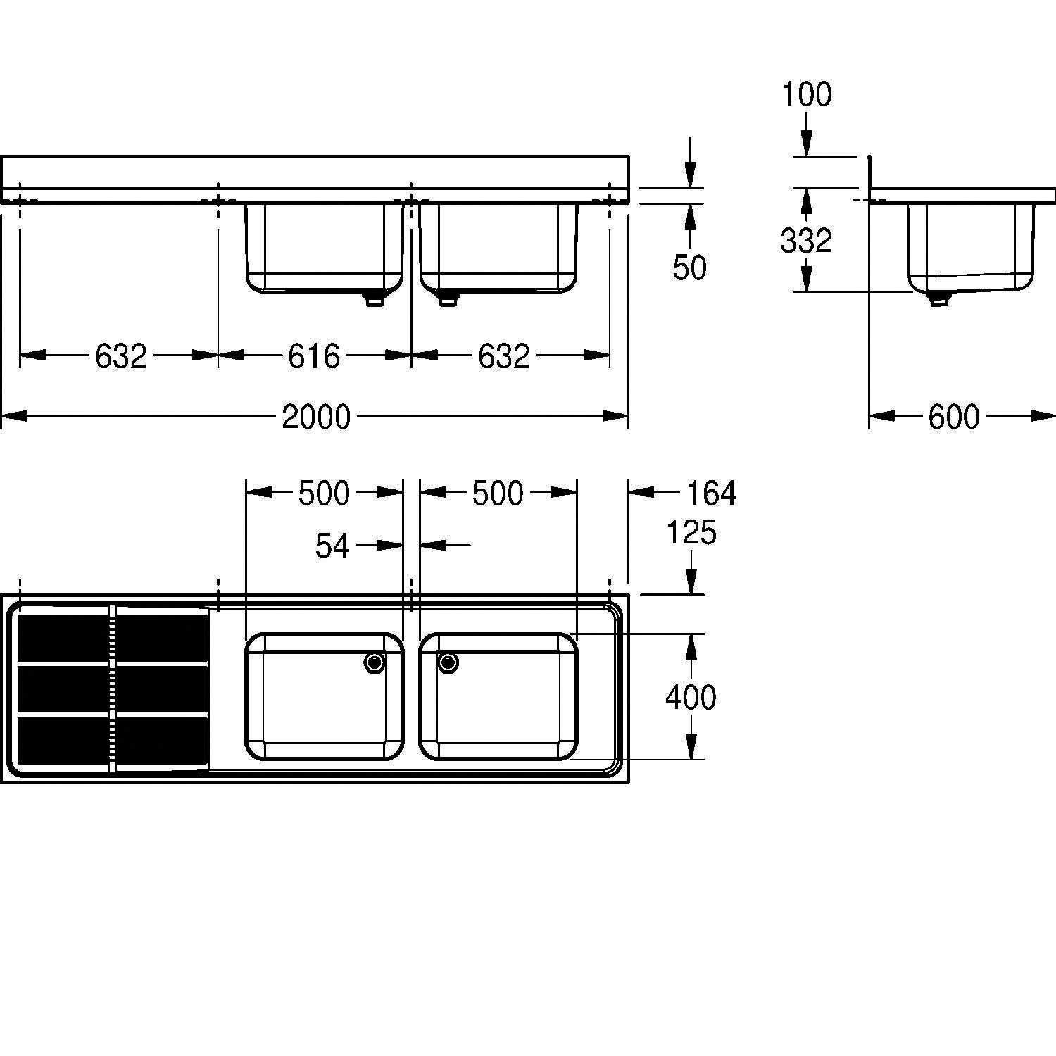 Technische Zeichnung eines Doppelspülbeckens. Abmessungen: Breite 2000 mm, Tiefe 600 mm, Spülbeckengrößen 632 mm x 616 mm und 632 mm x 400 mm.