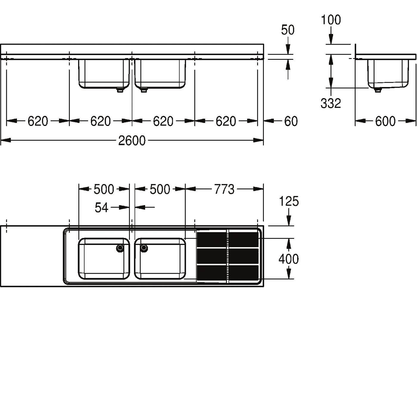 Technische Maßstabzeichnung einer 2600 mm Arbeitsplatte mit zwei Becken und einem Abtropfbereich, mit Vorder-, Seiten- und Draufsicht mit Abmessungen.
