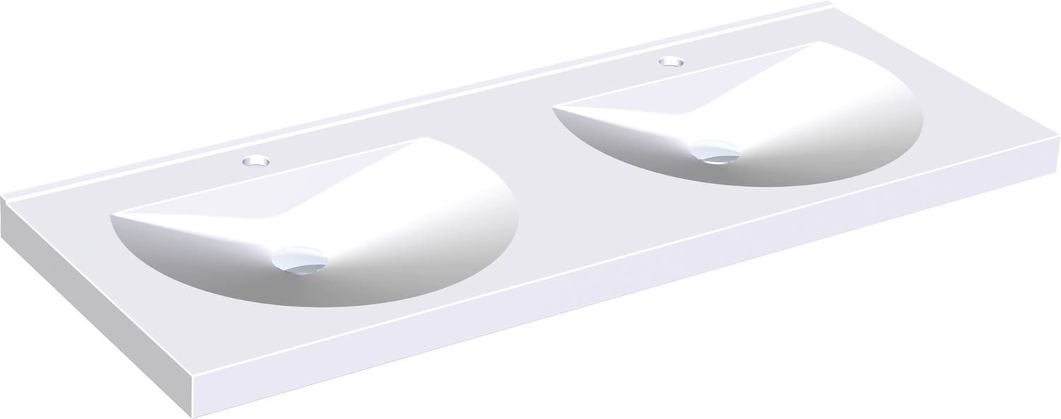 Ein Nahaufnahme-Bild einer schlanken, modernen Doppelwaschbecken-Arbeitsplatte mit glänzender Oberfläche, die ein minimalistisches Design und Funktionalität präsentiert.