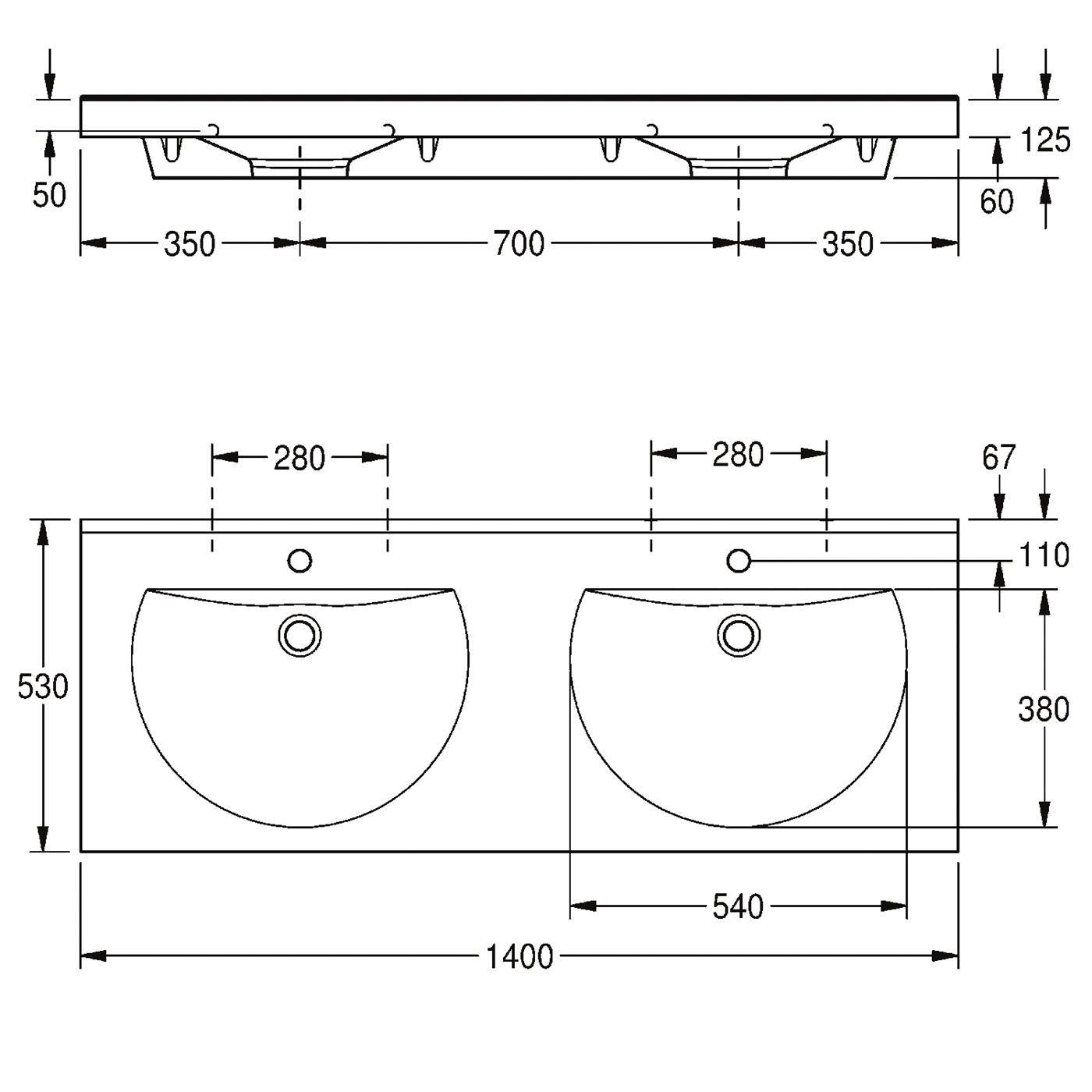 Technische Zeichnung einer Doppelwaschbeckenplatte, mit Vorder- und Seitenansicht und Abmessungen in Millimetern: 1400 mm Gesamtbreite, zwei Becken gleichmäßig angeordnet, 530 mm Tiefe und 125 mm Höhe.