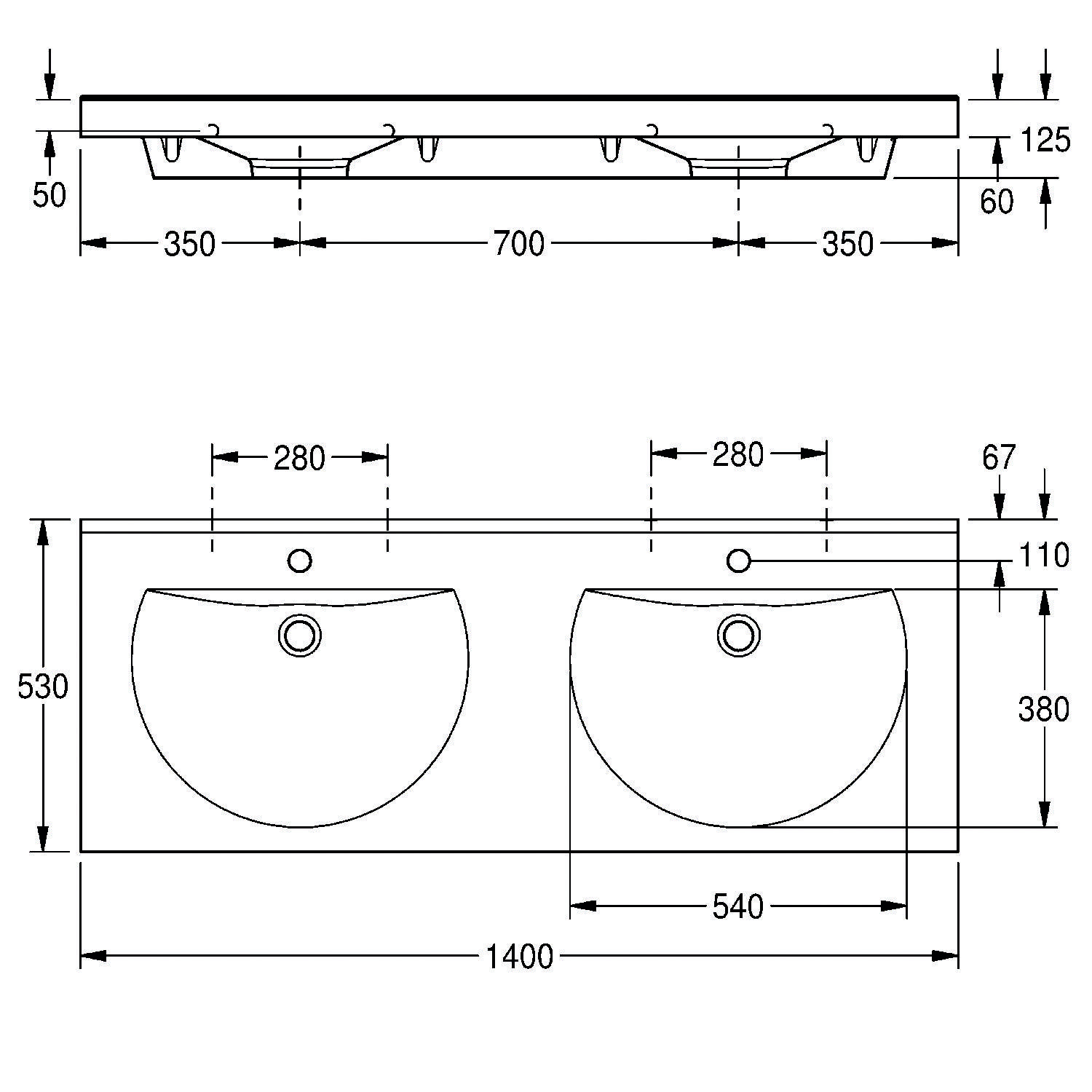 Eine technische Zeichnung eines Doppelwaschbeckens-Waschtischs mit Maßen: 1400 mm Breite, 540 mm Beckenbreite und 125 mm Höhe.