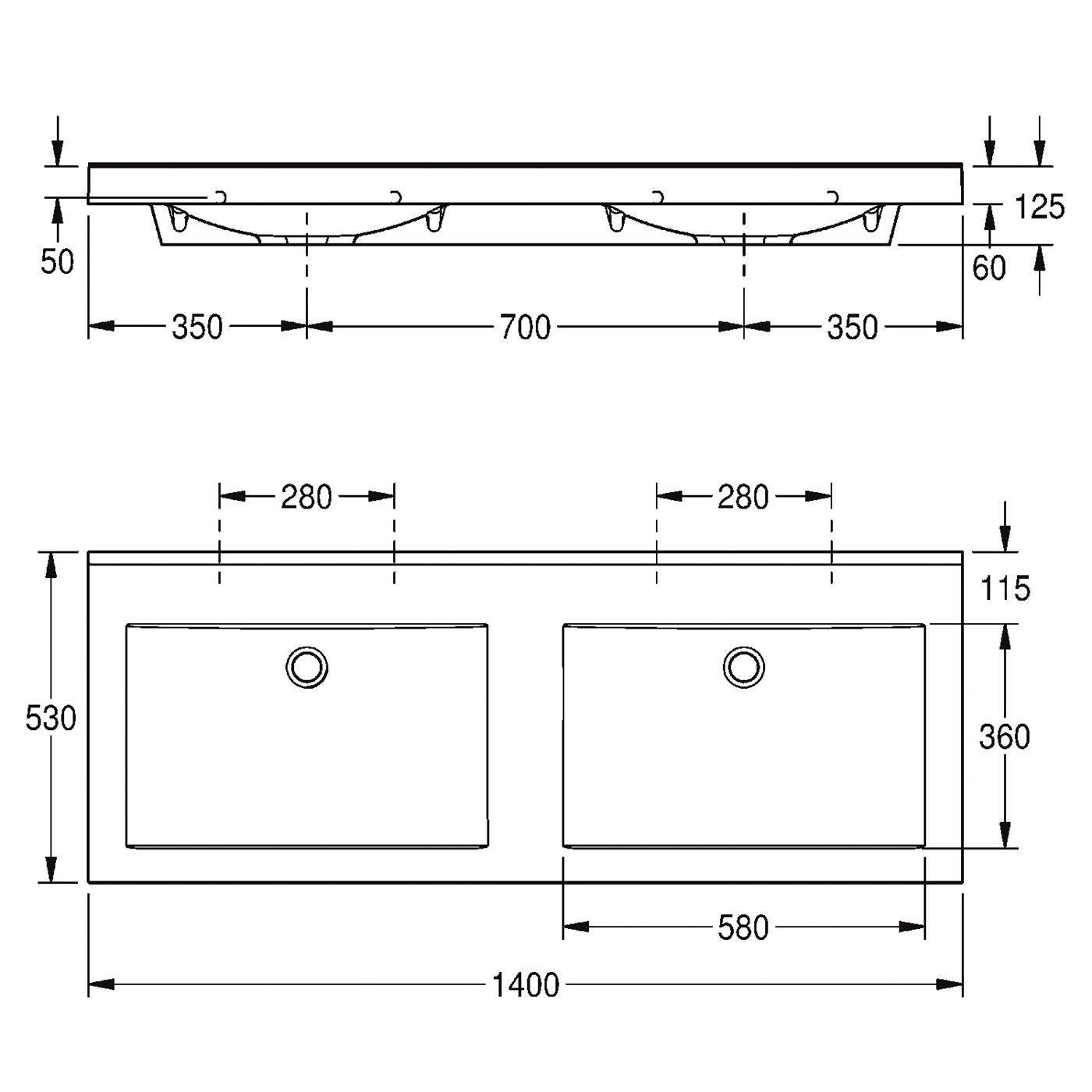 Technische Zeichnung eines Doppelbeckens mit Seiten- und Vorderansicht, Gesamtabmessungen 1400 x 530 mm und Ausschnittdetails angezeigt.