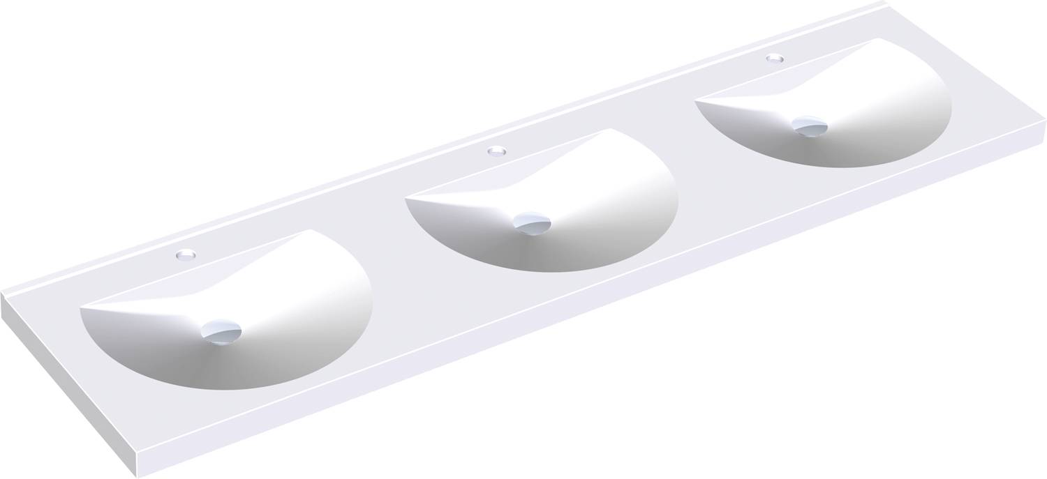 Drei gleichmäßig angeordnete, weiße Halbkugelformen auf einer flachen rechteckigen Oberfläche, die wahrscheinlich ein modernes, minimalistisches Waschbeckendesign darstellen.