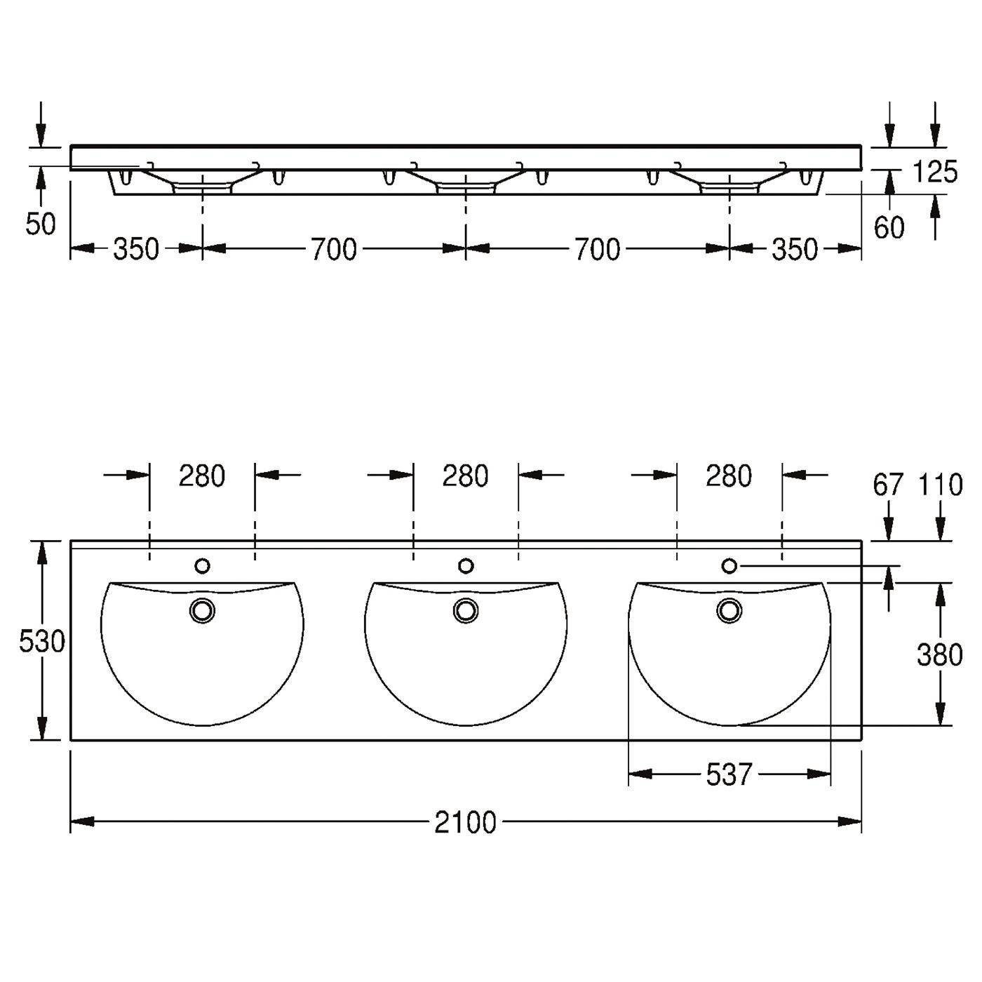 Technische Zeichnung eines Dreierkombibeckens mit Vorder- und Seitenansicht mit Abmessungen von 2100 mm Breite, 530 mm Tiefe und Beckenabständen in Millimetern gekennzeichnet.