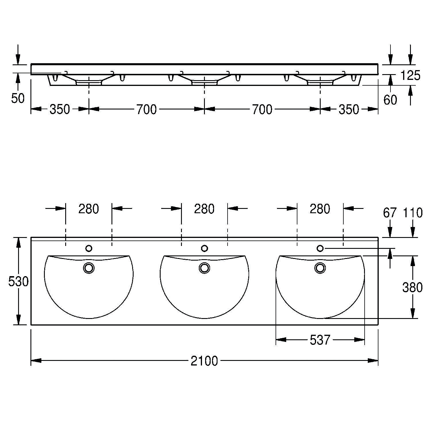 Eine technische Zeichnung, die die Abmessungen einer Waschtischanlage mit drei Becken zeigt. Die Gesamtbreite beträgt 2100 mm, mit gleichmäßigen Abständen von 700 mm zwischen den Waschbecken.
