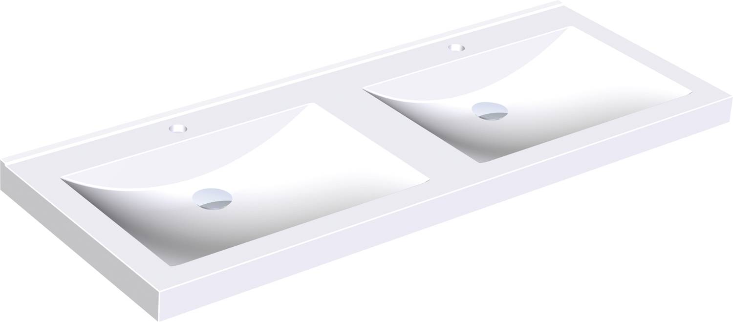Ein rechteckiges Porzellan-Doppelwaschbecken mit modernem, elegantem Design, ausgestattet mit einem zentralen Trennelement und minimalistischen Überlauflöchern.