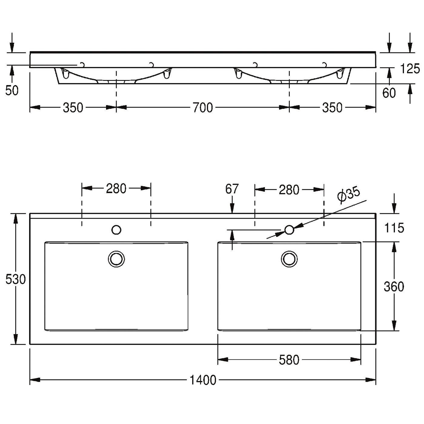 Technische Zeichnung mit Abmessungen einer rechteckigen Doppelspüle mit Draufsicht und Vorderansicht sowie Maßangaben einschließlich 1400 mm Breite, 530 mm Tiefe und zwei Becken.