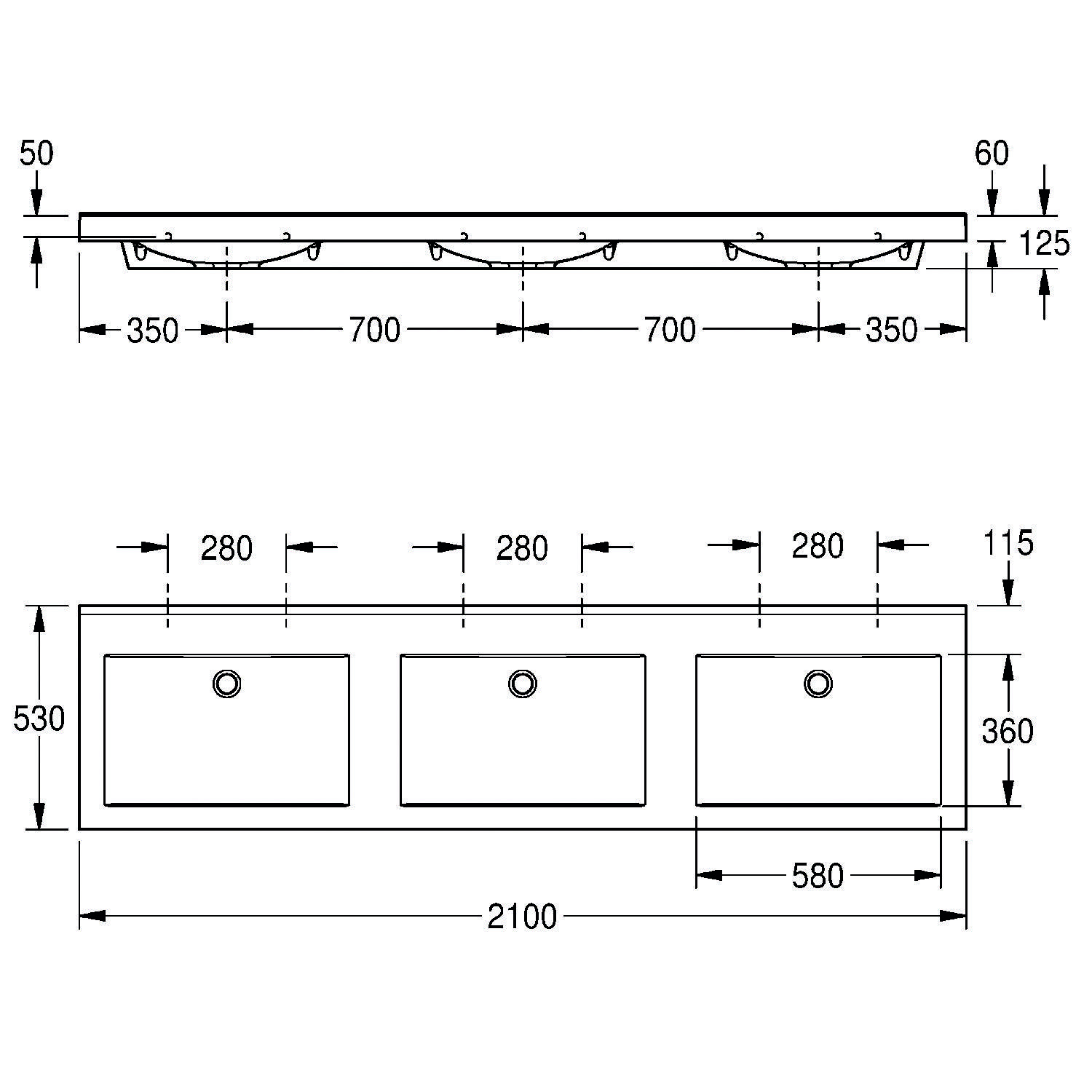 Diagramm zur Darstellung der Abmessungen einer Dreifach-Spüleinheit. Draufsicht: Gesamtlänge 2100 mm, Tiefe 530 mm, jede Spüle 580 mm breit. Seitenansicht: Höhe 125 mm.