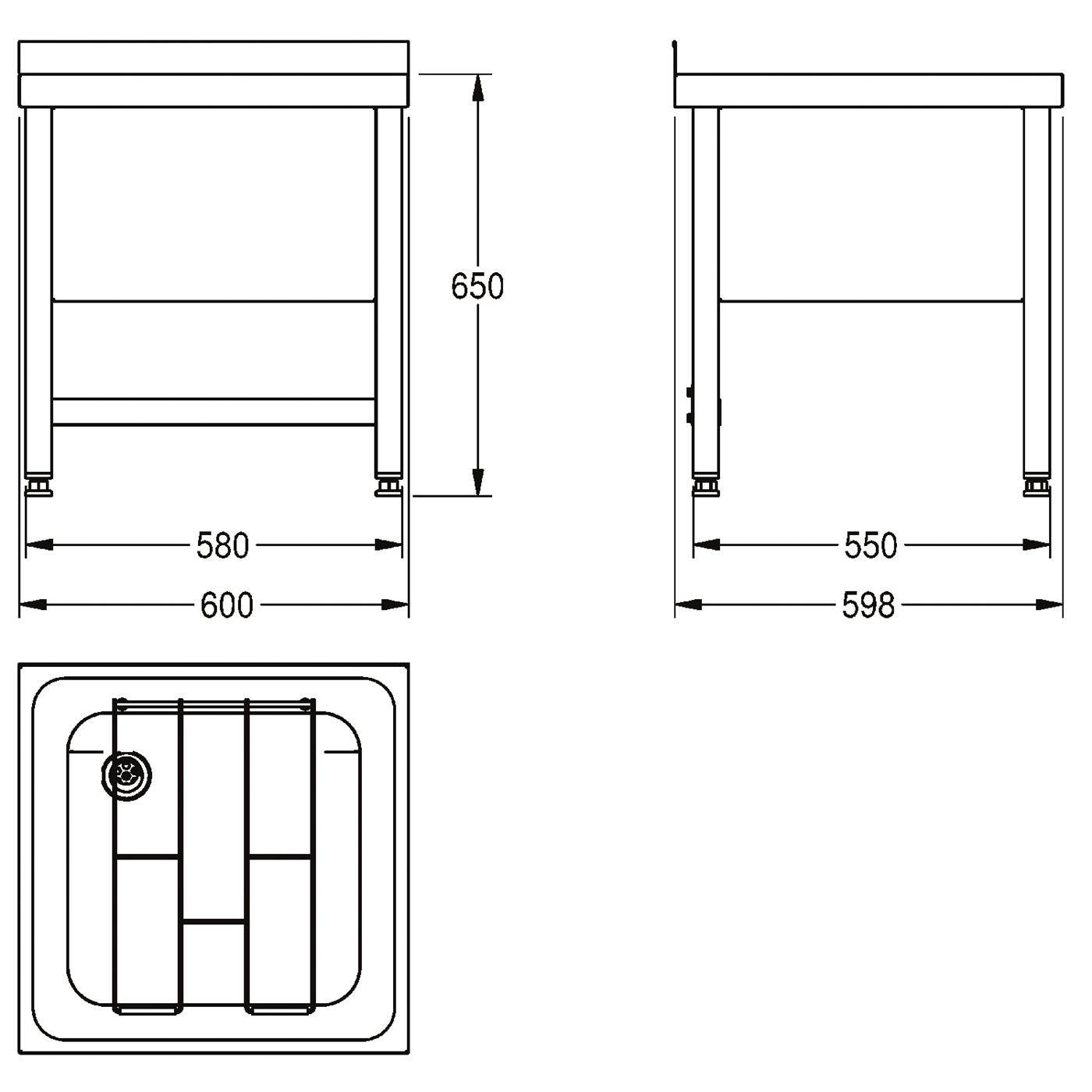Technische Maßzeichnung eines quadratischen Geräts, dargestellt in Front-, Seiten- und Draufsicht, mit Abmessungen 650 hoch und 600/598/580/550 breit.