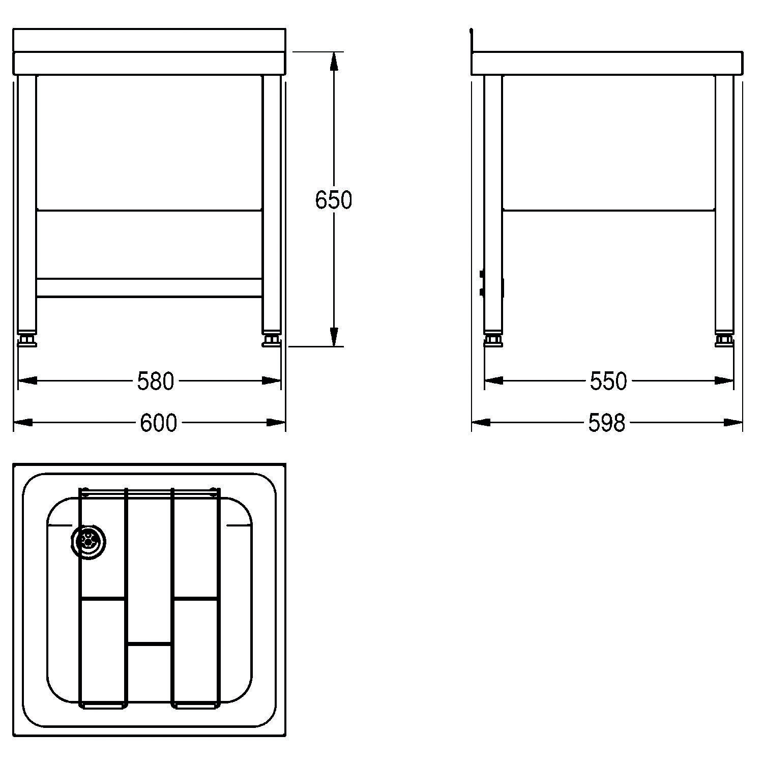 Spülbecken aus Edelstahl - Abmessungen: Höhe 650 mm, Breite 600 mm, Tiefe 580 mm. Ausgestattet mit Unterablage und Becken mit Gittermuster.