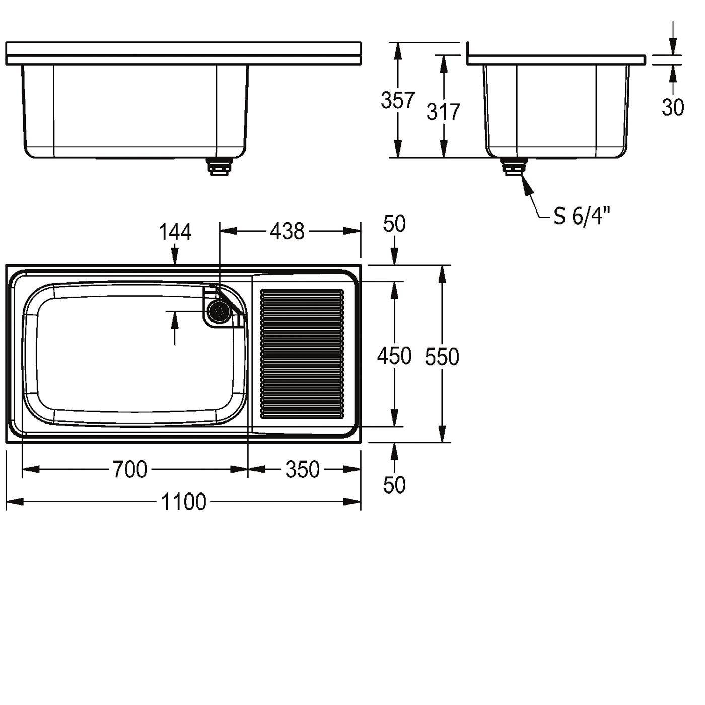 Technische Zeichnung eines Küchenspülbeckens und Abtropfbereichs mit Draufsicht und Seitenansicht, mit den Abmessungen: 1100 x 550 mm Gesamtgröße, 700 mm Becken, 350 mm Abtropfbereich und S 6/4 Zoll Ablauf.