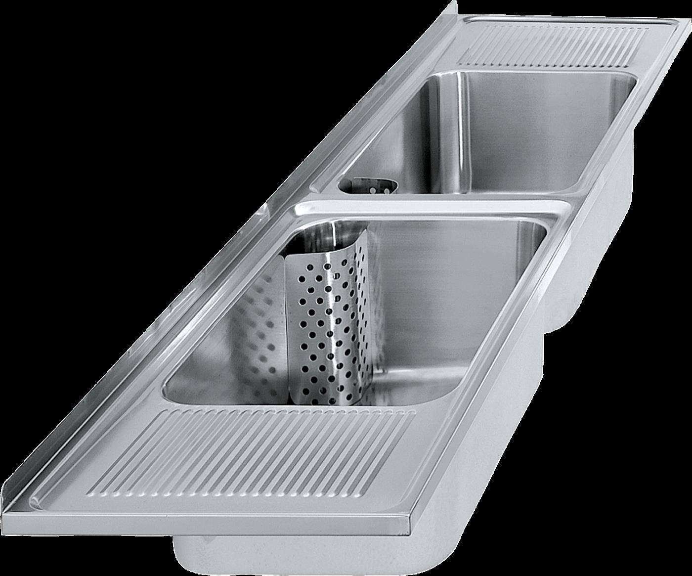 Edelstahlküchenspüle mit zwei Becken und Abtropffläche, schräg auf schwarzem Hintergrund gezeigt.