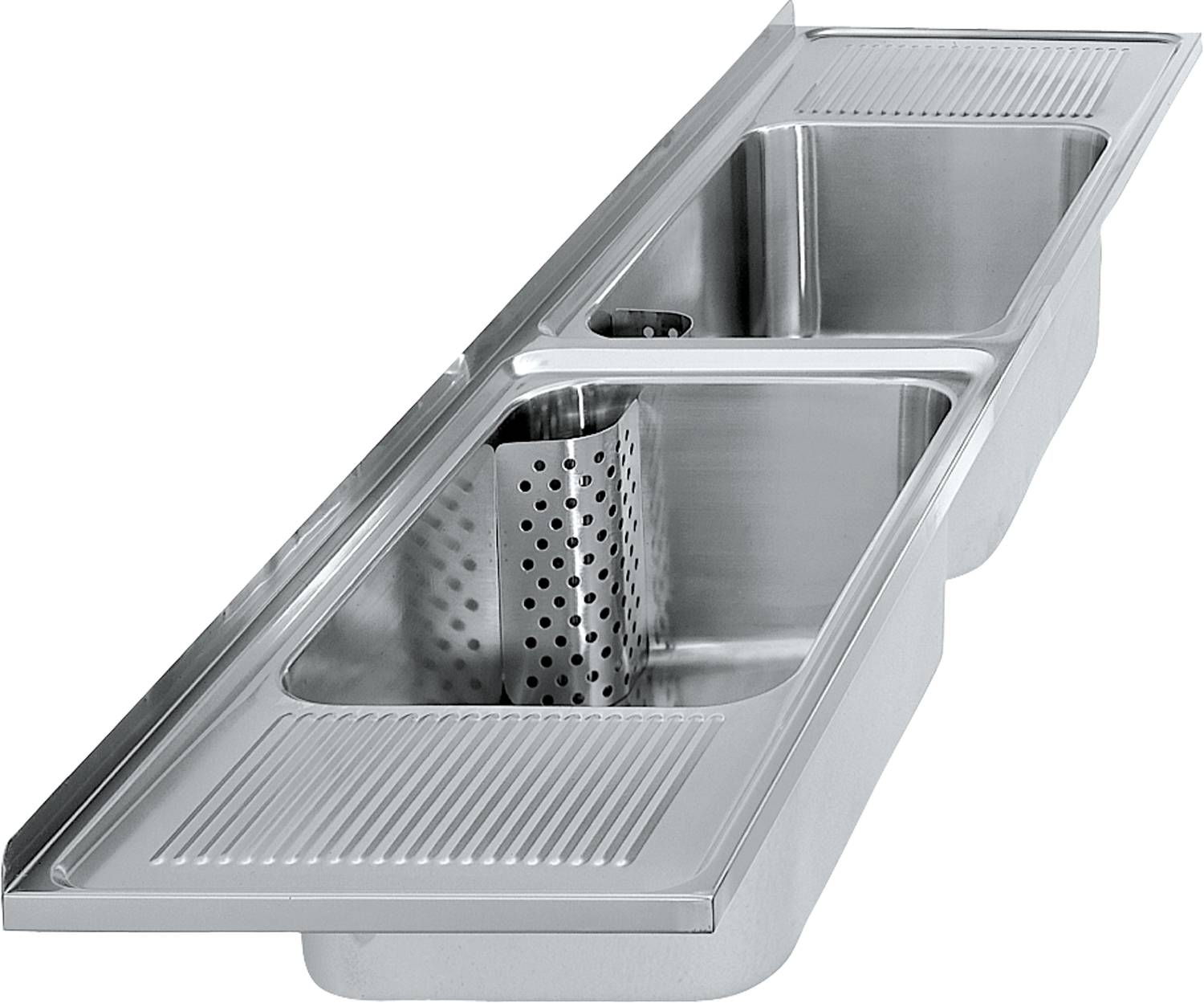 Doppelspüle aus Edelstahl mit integriertem Abtropfbereich und gelochtem Utensilien-Halter vor schwarzem Hintergrund.