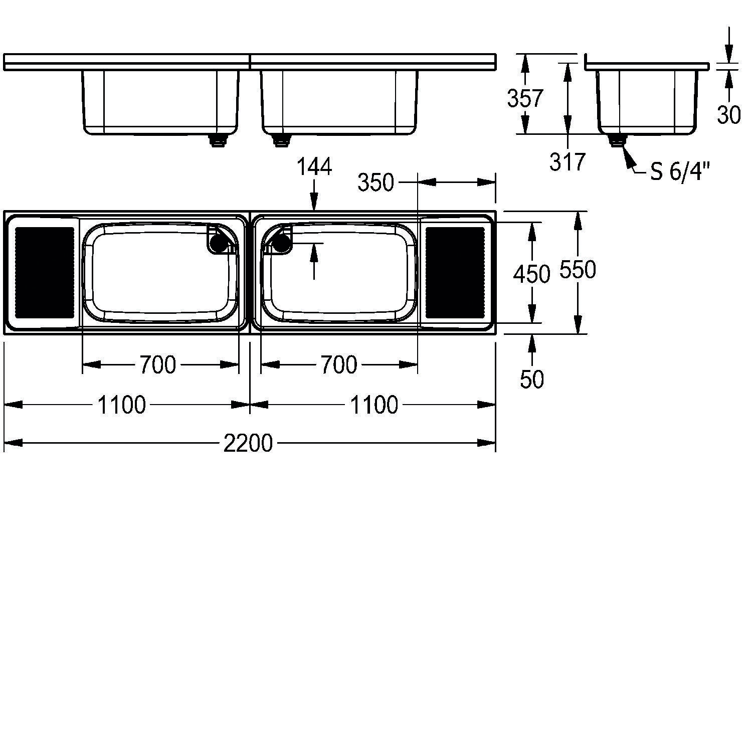 Technische Zeichnung einer Doppelwaschbecken-Anordnung mit Maßen: 2200 mm Gesamtbreite, 700 mm pro Waschbecken und 450 mm Höhe. Seitlicher Querschnitt enthalten.