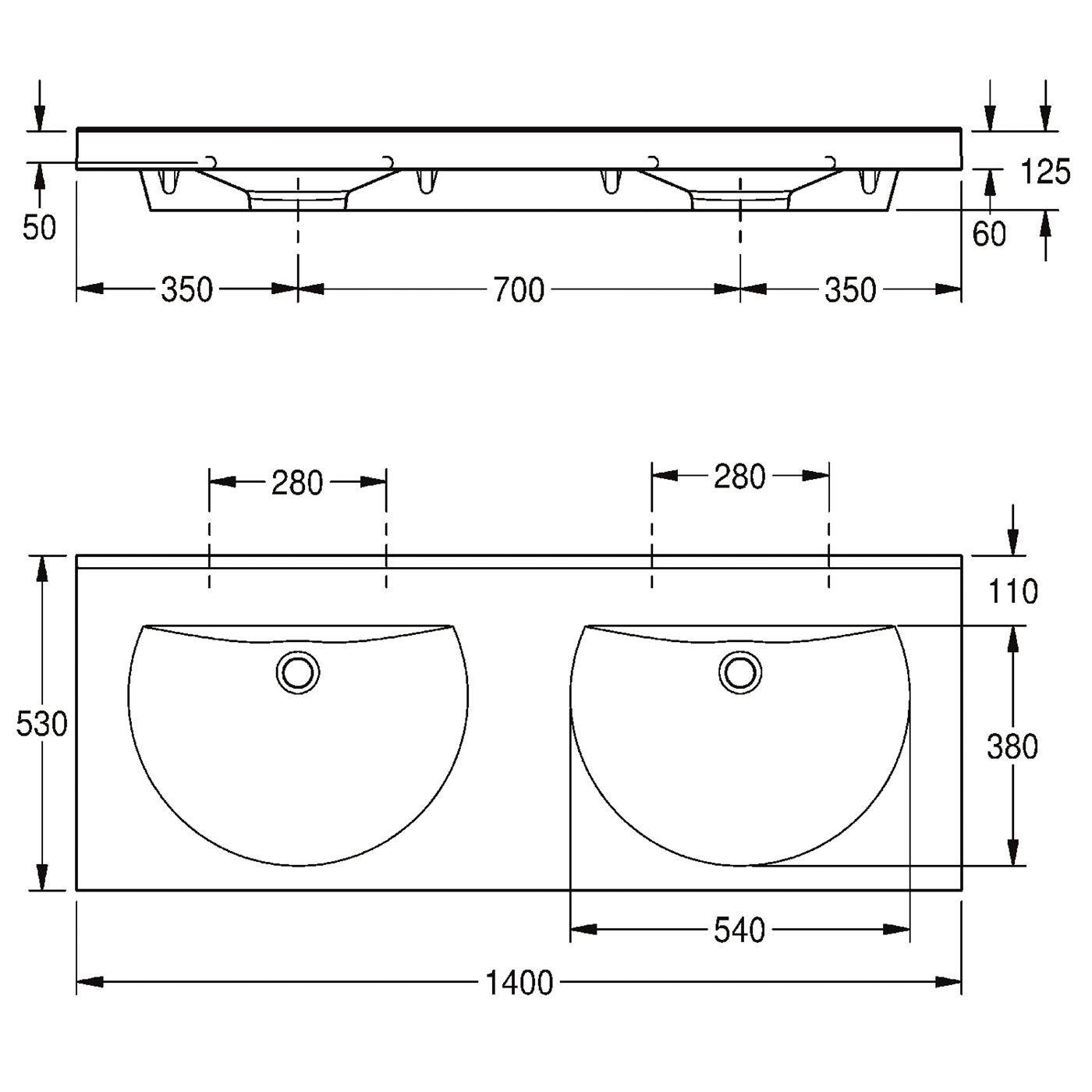 Technische Zeichnung einer Doppel-Waschtischplatte mit Seiten- und Draufsicht mit Abmessungen: 1400 mm breit, 530 mm tief, 125 mm hoch.