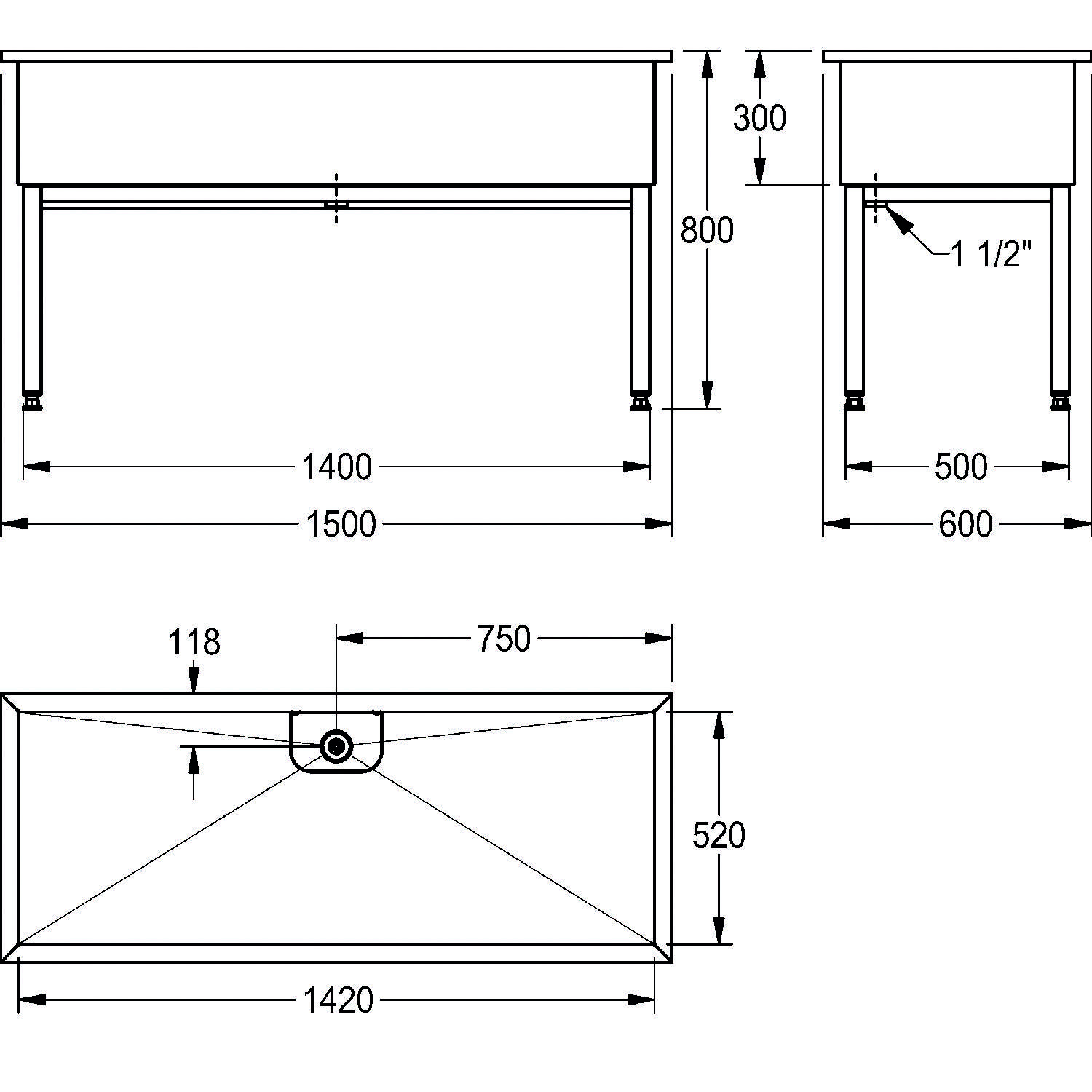 Technische Zeichnung eines Tisches mit Abmessungen: Länge 1500 mm, Breite 750 mm, Höhe 800 mm; enthält Seiten- und Draufsicht mit spezifischen Maßangaben.