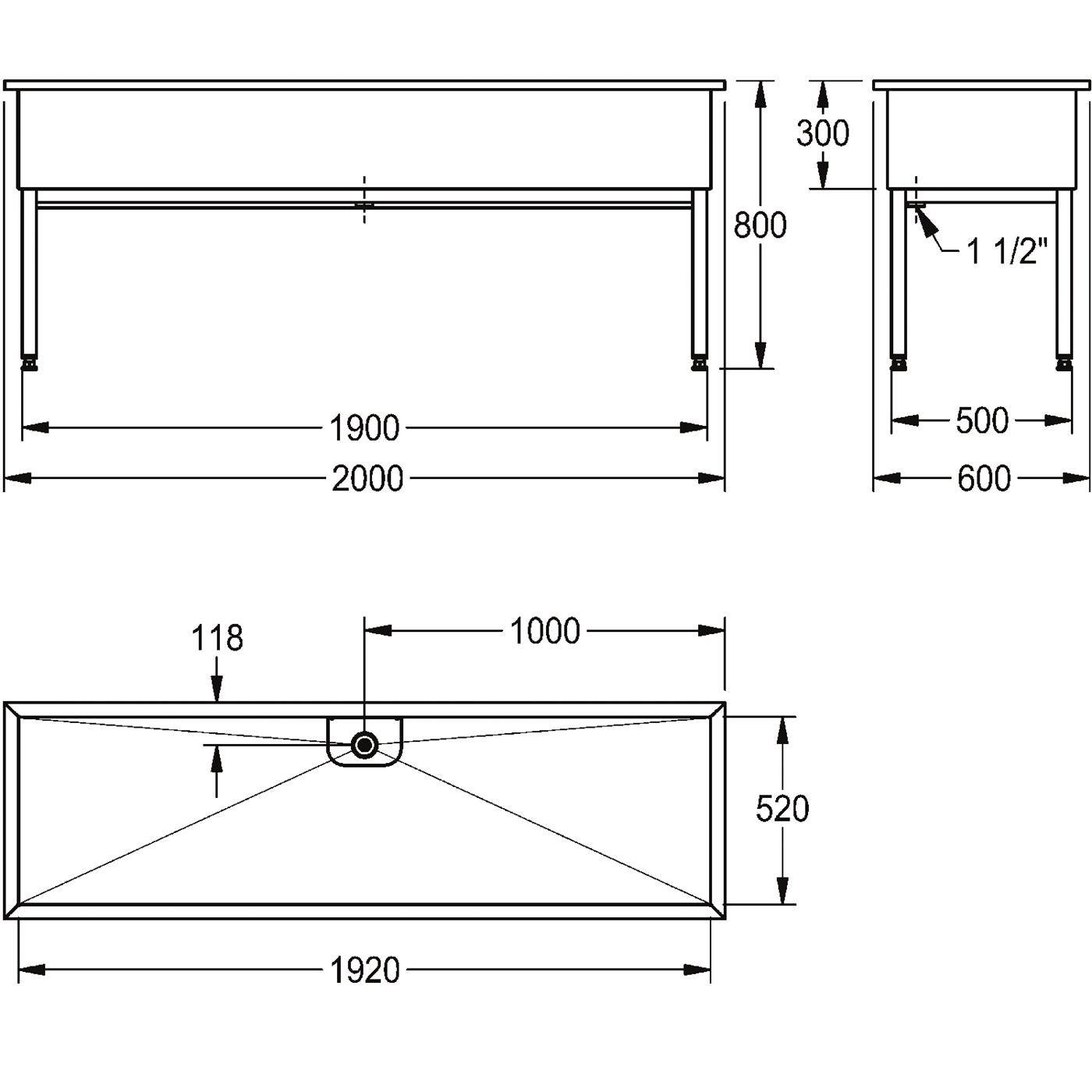 Technische Maßstabzeichnung eines rechteckigen Tisches mit Vorder-, Seiten- und Draufsicht mit Abmessungen: 2000 x 600 mm Gesamtgröße, 800 mm Höhe und 1920 x 520 mm Draufsicht.