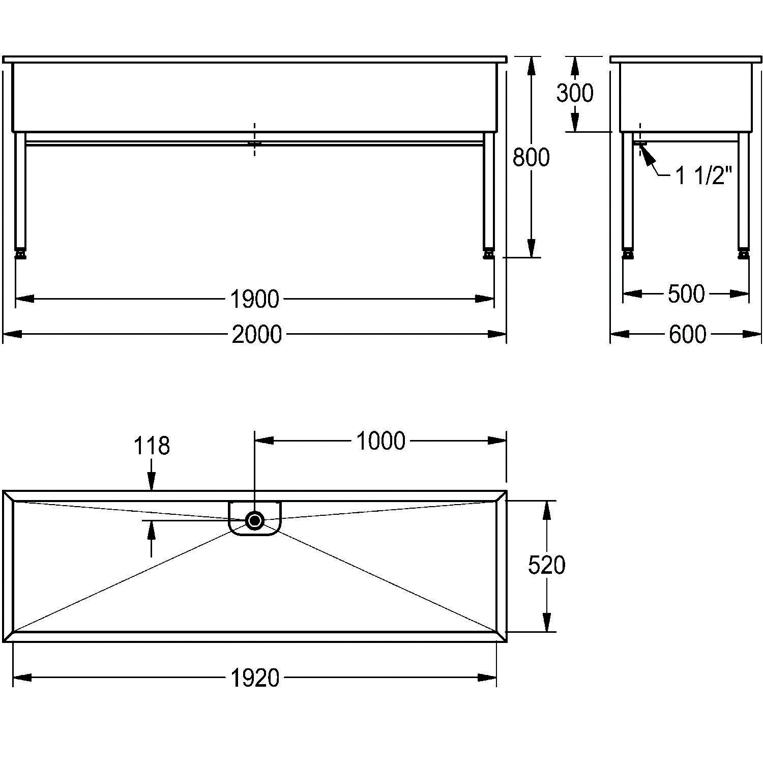 Technische Zeichnung eines Tisches mit Abmessungen: 2000 mm Länge, 800 mm Höhe, 600 mm Breite. Enthält detaillierte Maßangaben für alle Seiten.