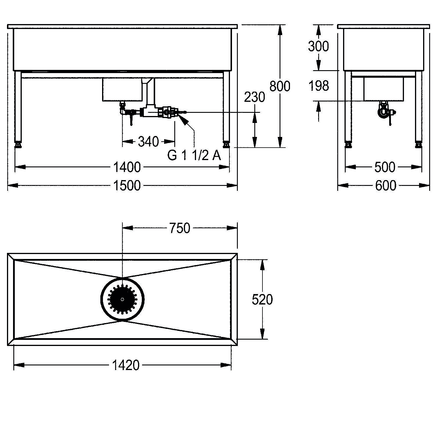 Technische Zeichnung einer gewerblichen Spülbeckeneinheit. Abmessungen: Länge 1500 mm, Breite 600 mm, Höhe 830 mm. Ausgestattet mit einem Entwässerungssystem.