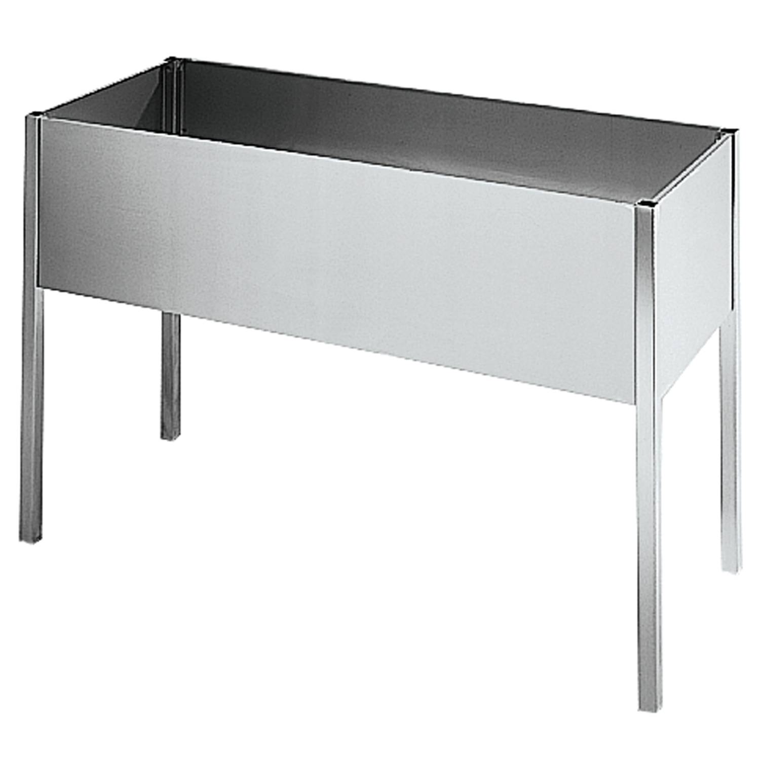 Ein rechteckiger Edelstahlständer mit vier Beinen, wahrscheinlich zur Unterstützung von Geräten oder Ausrüstungen in einem kommerziellen oder industriellen Umfeld verwendet.