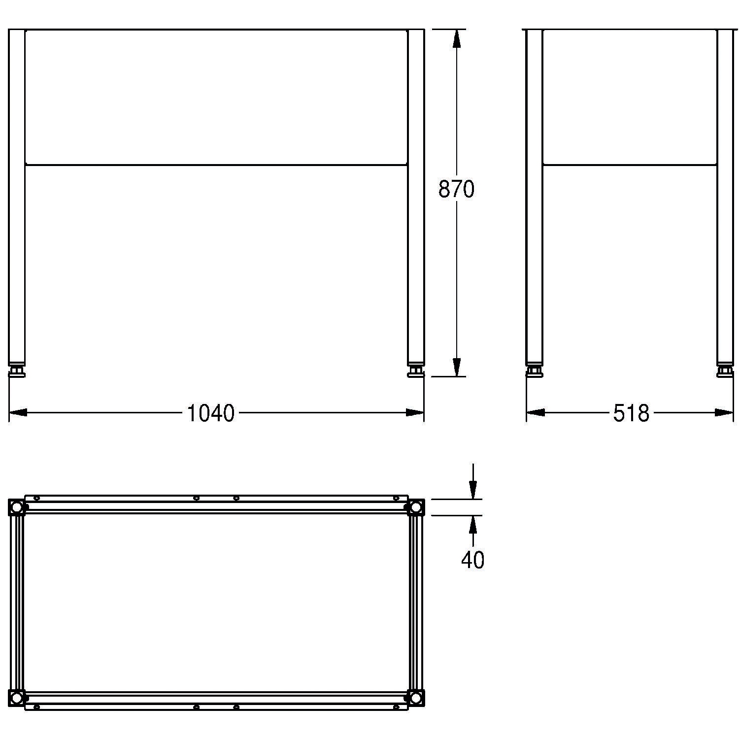 Diagramm mit den Abmessungen einer Struktur: Breite 1040, Höhe 870, Seitenlänge 518 und Tiefe 40.