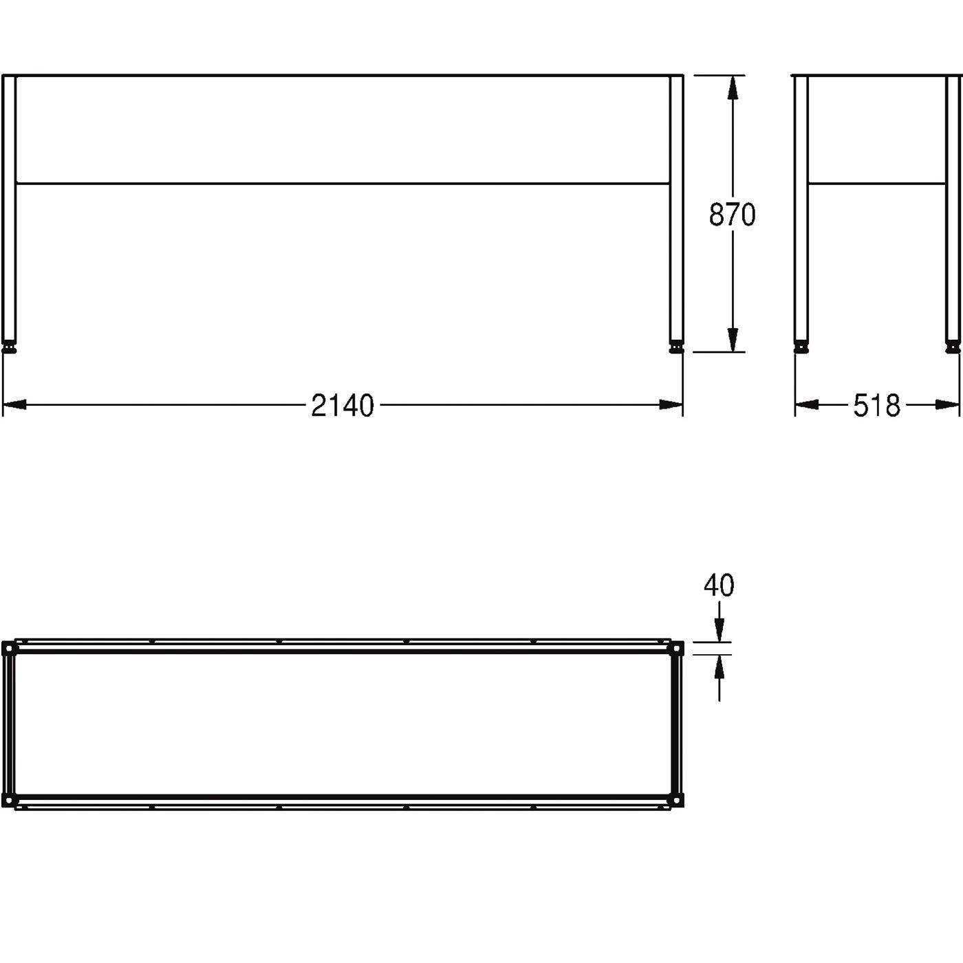 Technische Zeichnung eines rechteckigen Tisches oder Schreibtisches mit Front-, Seiten- und Draufsicht mit den Abmessungen 2140 mm Breite, 870 mm Höhe, 518 mm Tiefe und 40 mm Dicke.