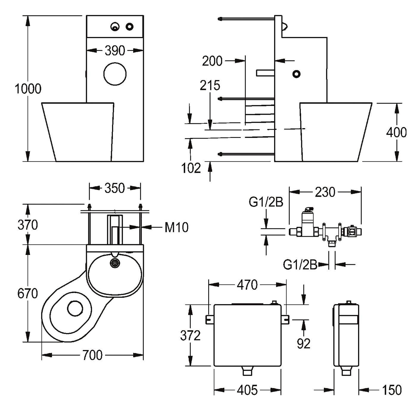 Technische Maßstabzeichnung einer Toilette mit Tank, mit Front-, Seiten-, Draufsicht und Detailansichten mit Abmessungen in Millimetern und G1/2B-Anschlussbezeichnungen.