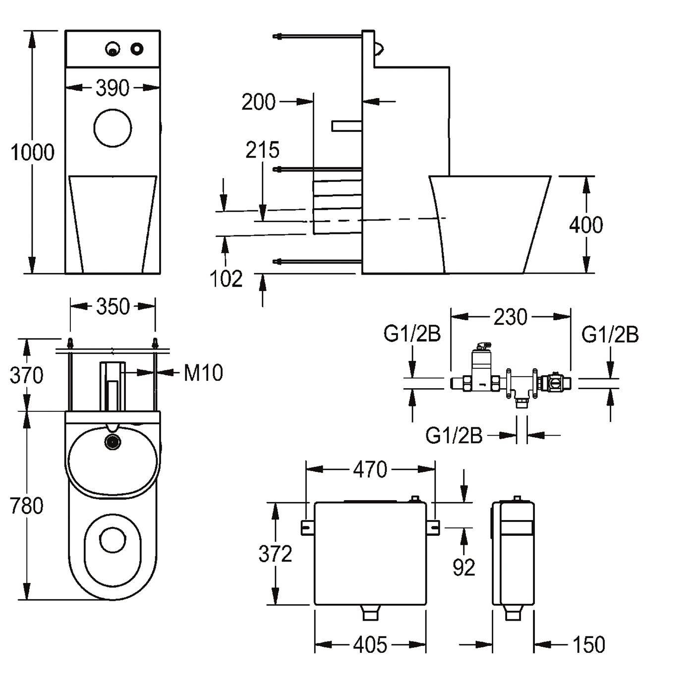 Technische bemaßte Zeichnungen einer Toilette und zugehöriger Sanitärteile, die Vorder-, Seiten- und Grundrissansichten mit Abmessungen und G1/2B-Anschlüssen zeigen.