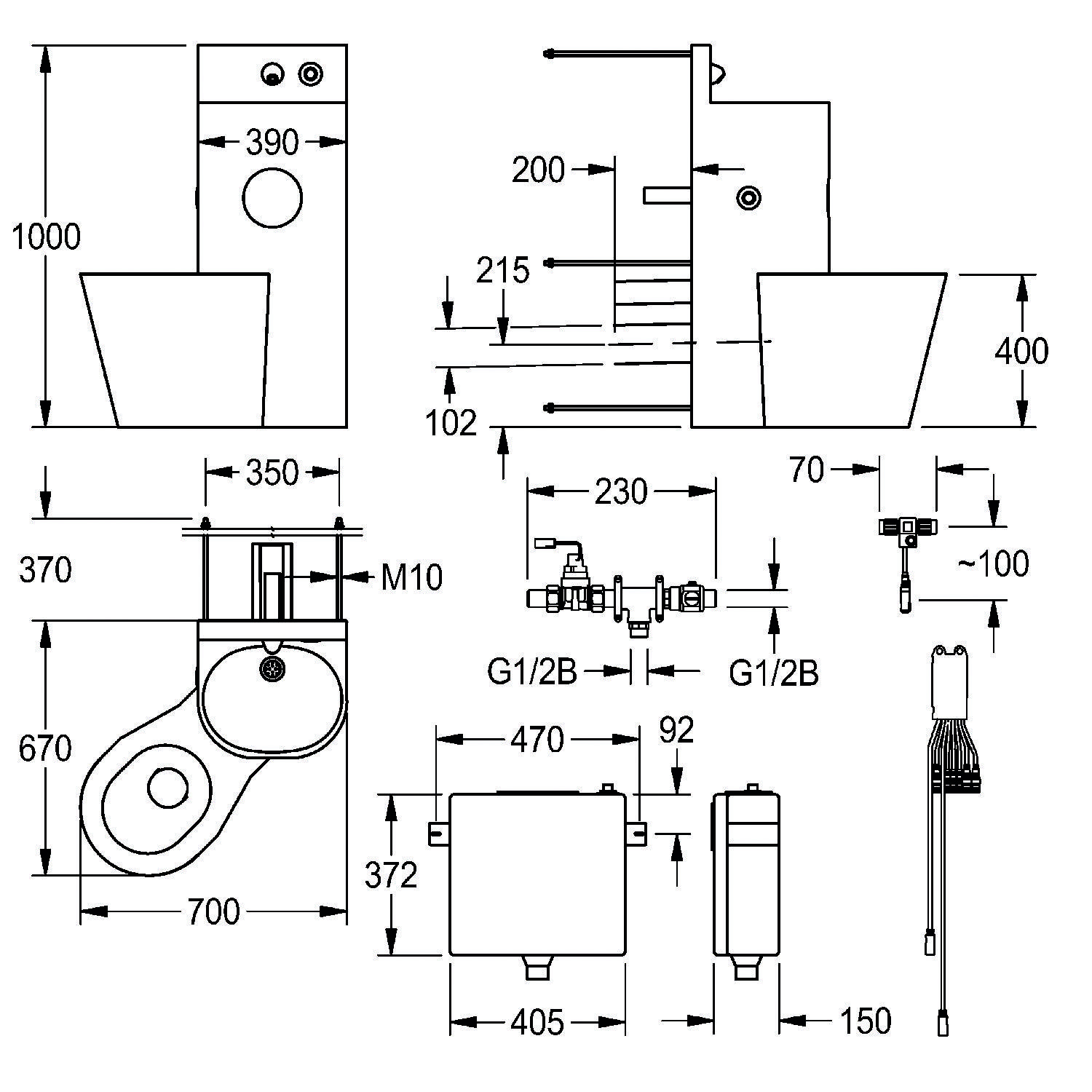 Technische Zeichnung eines Toiletts mit Abmessungen: Höhe 1000 mm, Tiefe 670 mm, Breite 390 mm. Enthält Rohr- und Installationsdetails.