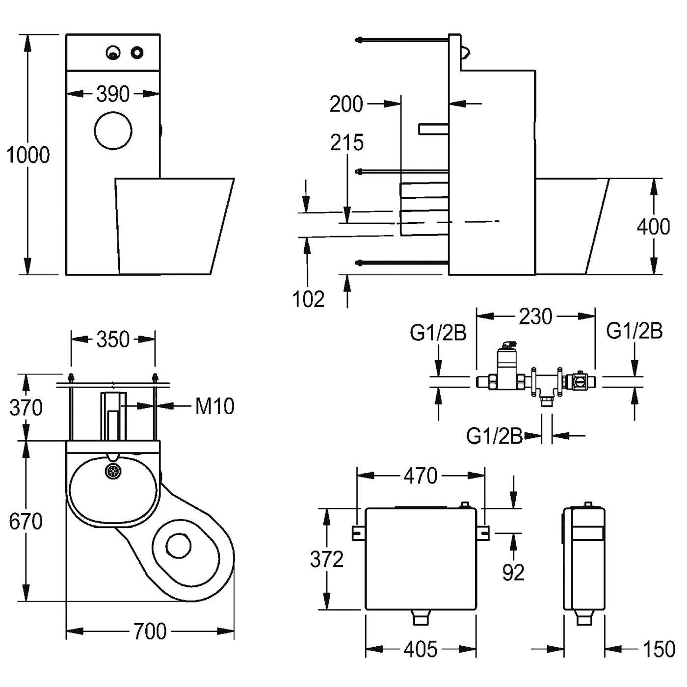 Technische Zeichnung einer Toilette mit mehreren Vorder-, Seiten-, Draufsichten und Detailansichten, die Abmessungen und Rohrleitungsanschlussbezeichnungen wie G1/2B und M10 zeigen.